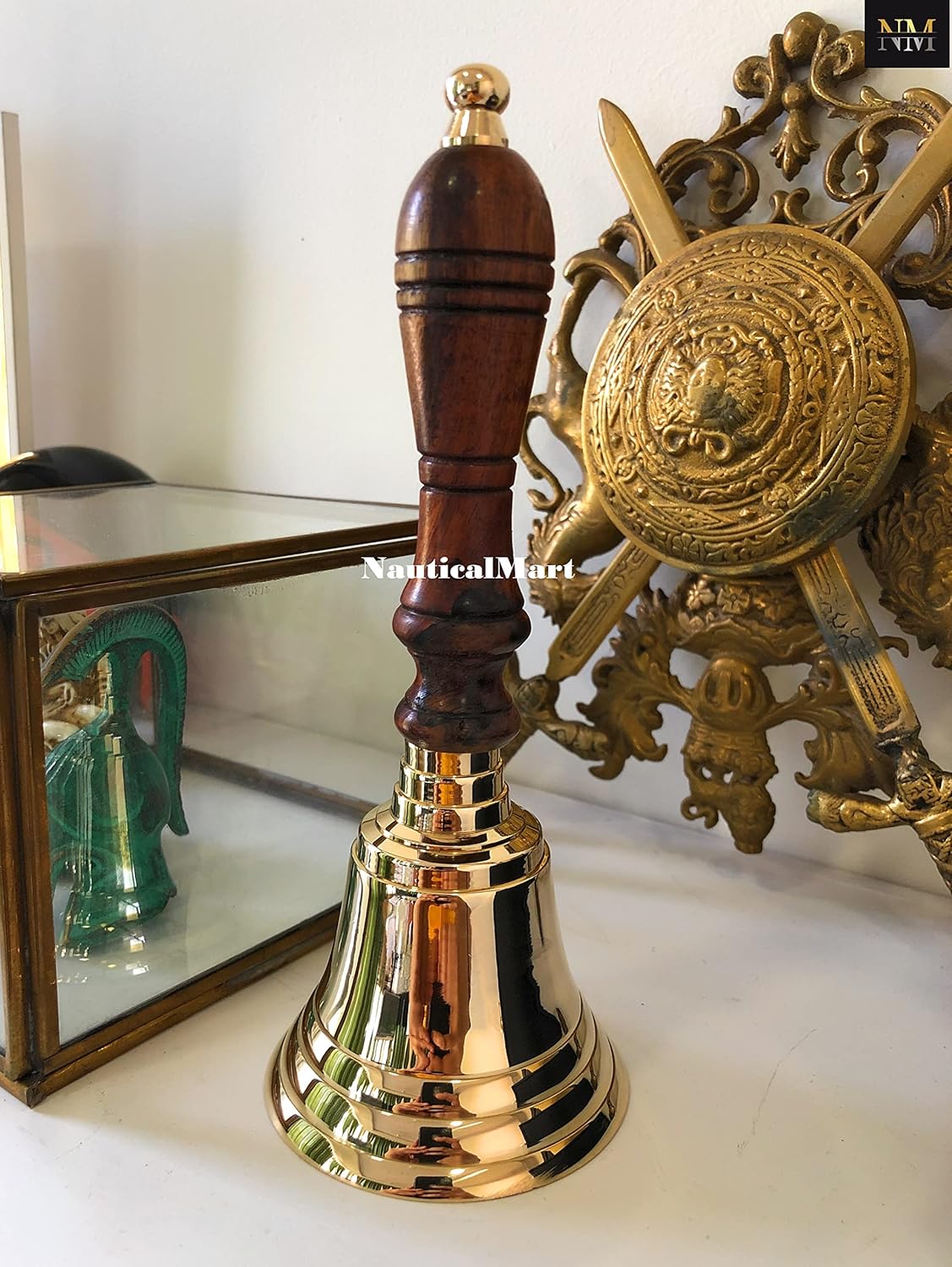 School Teachers Brass Plated Bells with Wooden Handle Very Loud Hand Bell, Hand Bells for Weddings, School Classroom Service & Nautical Home Decoration