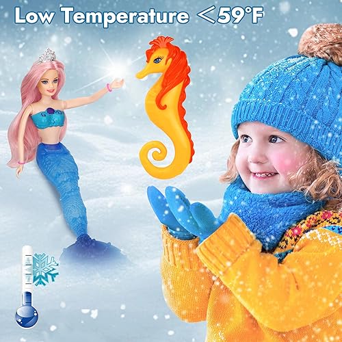 Miniatura 4 de BETTINA Muñeca mágica de sirena que cambia de color, juguete de sirena de princesa con caballito de mar y accesorios de muñecas, cabello rosa