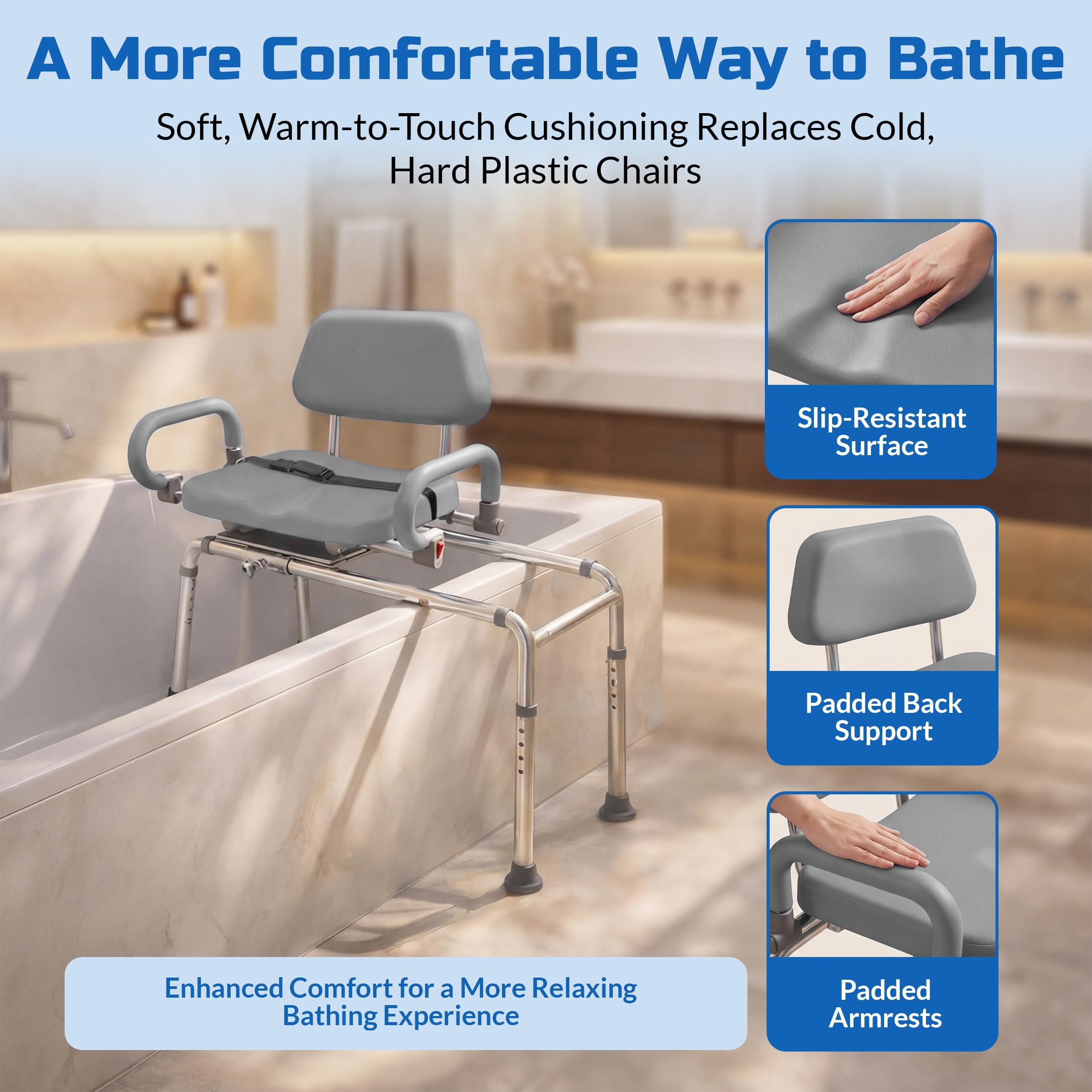 Banco de Transferencia Deslizante de carrusel con Asiento Giratorio. Silla de baño y Ducha Acolchada Brazos pivotantes. Diseño de Ahorro de Espacio para bañeras y duchas.