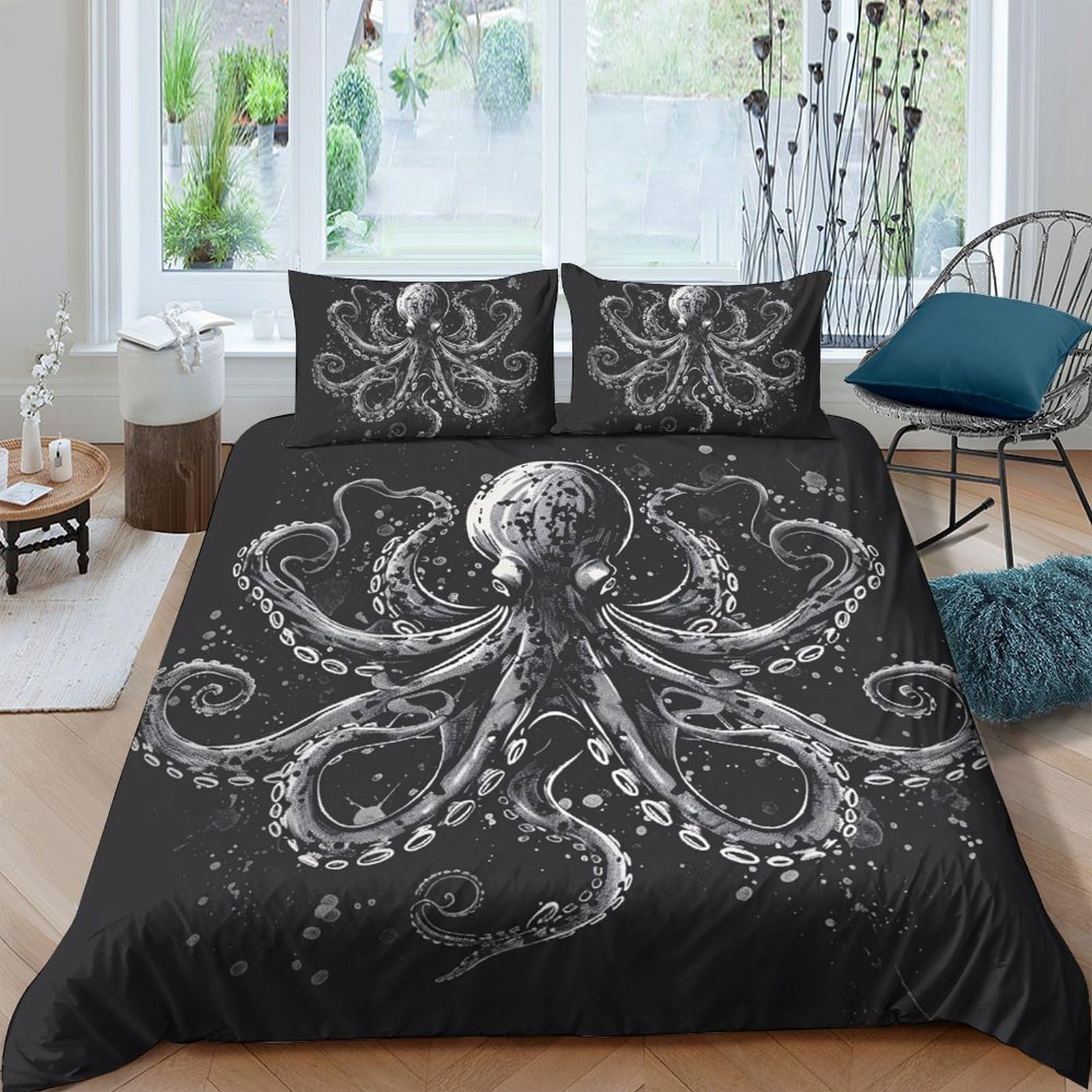 Ctjqhvkz Style-4 3D Printed Octopus Art Fitted Sheet Microfiber Black Sea Creature Bed Cover For Bedroom Guest Room Mattress Decor Single（135X200cm）