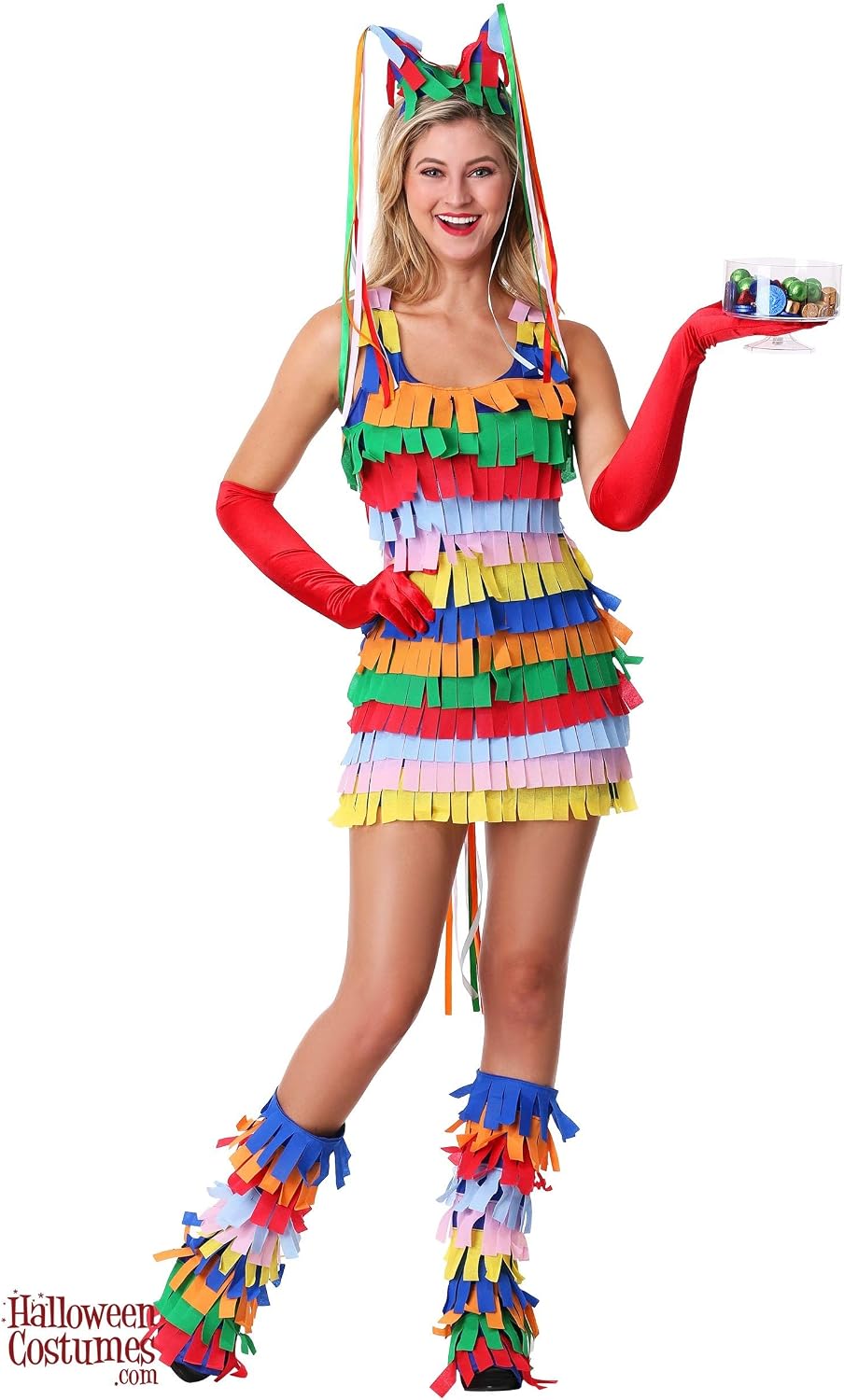 Womens Plus Size Adult Piñata Costume, Colorful Party Game Dress With Multicolored Fringe Headband And Boot Covers