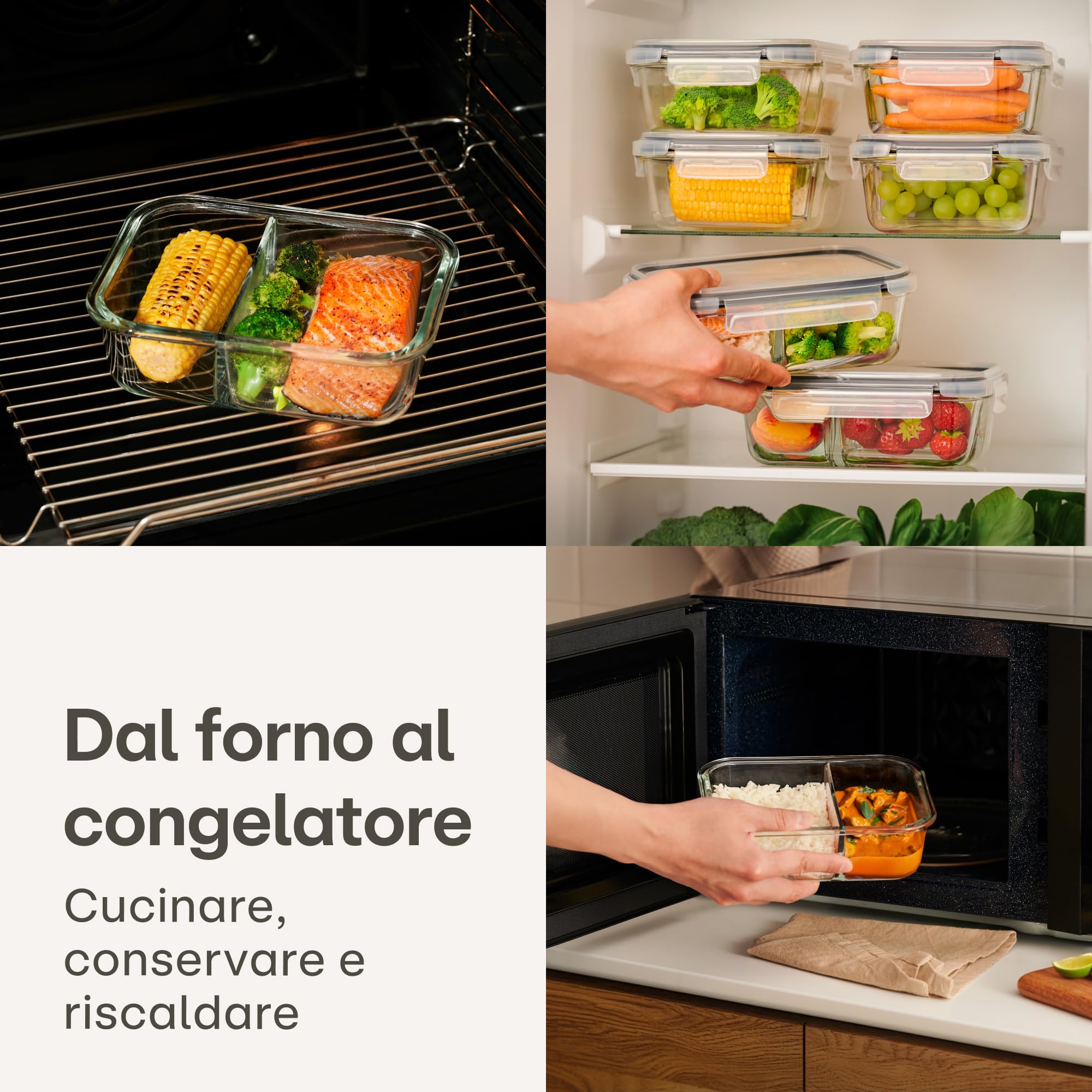 Praknu Meal Prep Contenitori con 2 Scomparti - 2 Pezzi Contenitori in Vetro Ermetici per Alimenti 1000ml - Per Microonde, Lavastoviglie, Forno