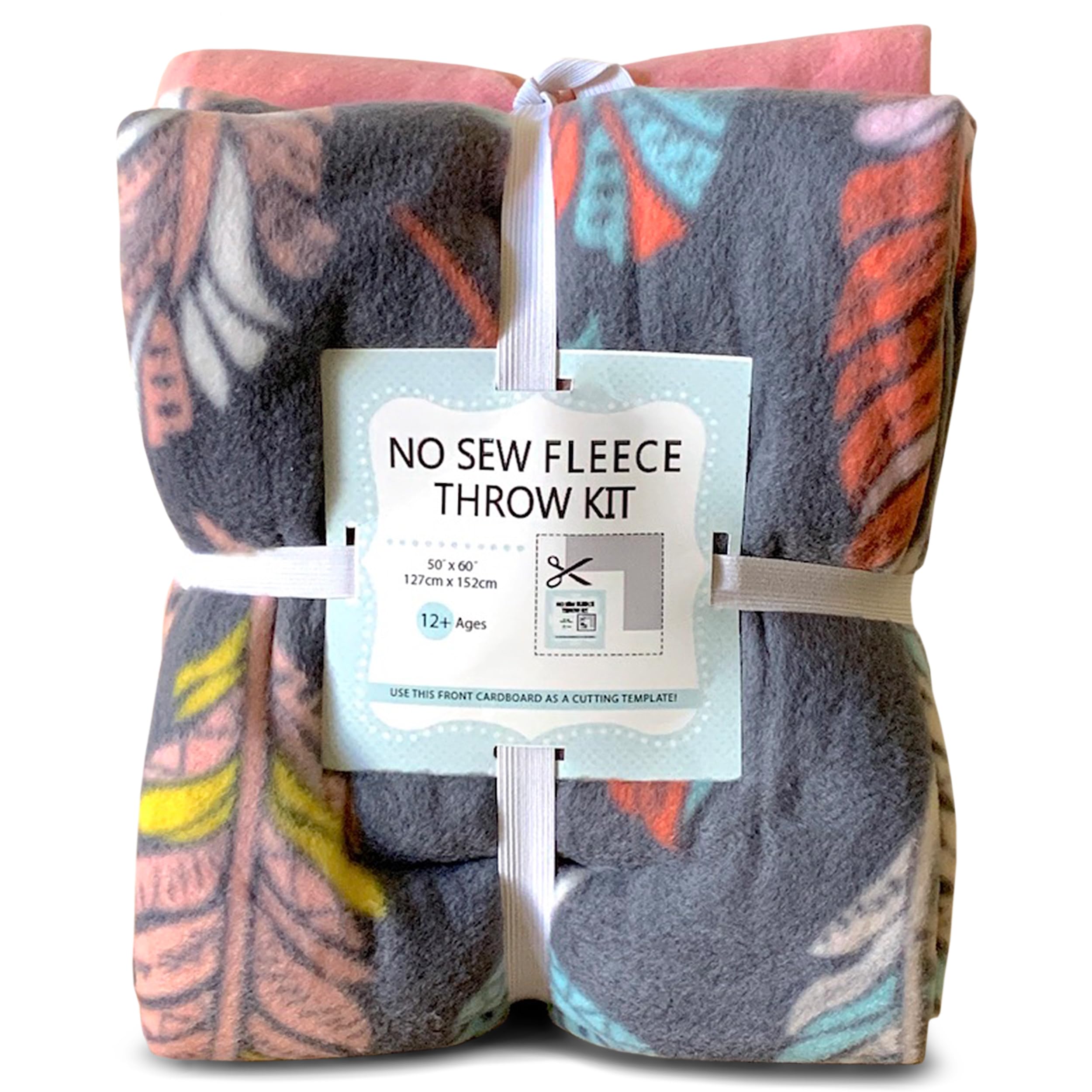 YourFleece No-Sew Throw Fleece Fabric DIY Blanket Making Kit, Make Your Own, Anti-Pill, Bohemian Feathers, 50x60 Inches