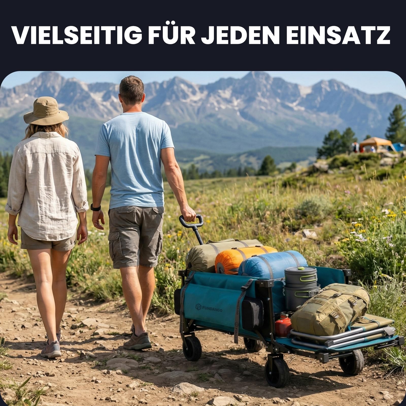FUNDANGO XXL Bollerwagen Faltbar 180KG 200L mit Heckklappe, 114CM Extra Lang, Kompakt Zusammenklappbar (1/8 Größe), All-Terrain Räder für Camping, Strand & Einkauf