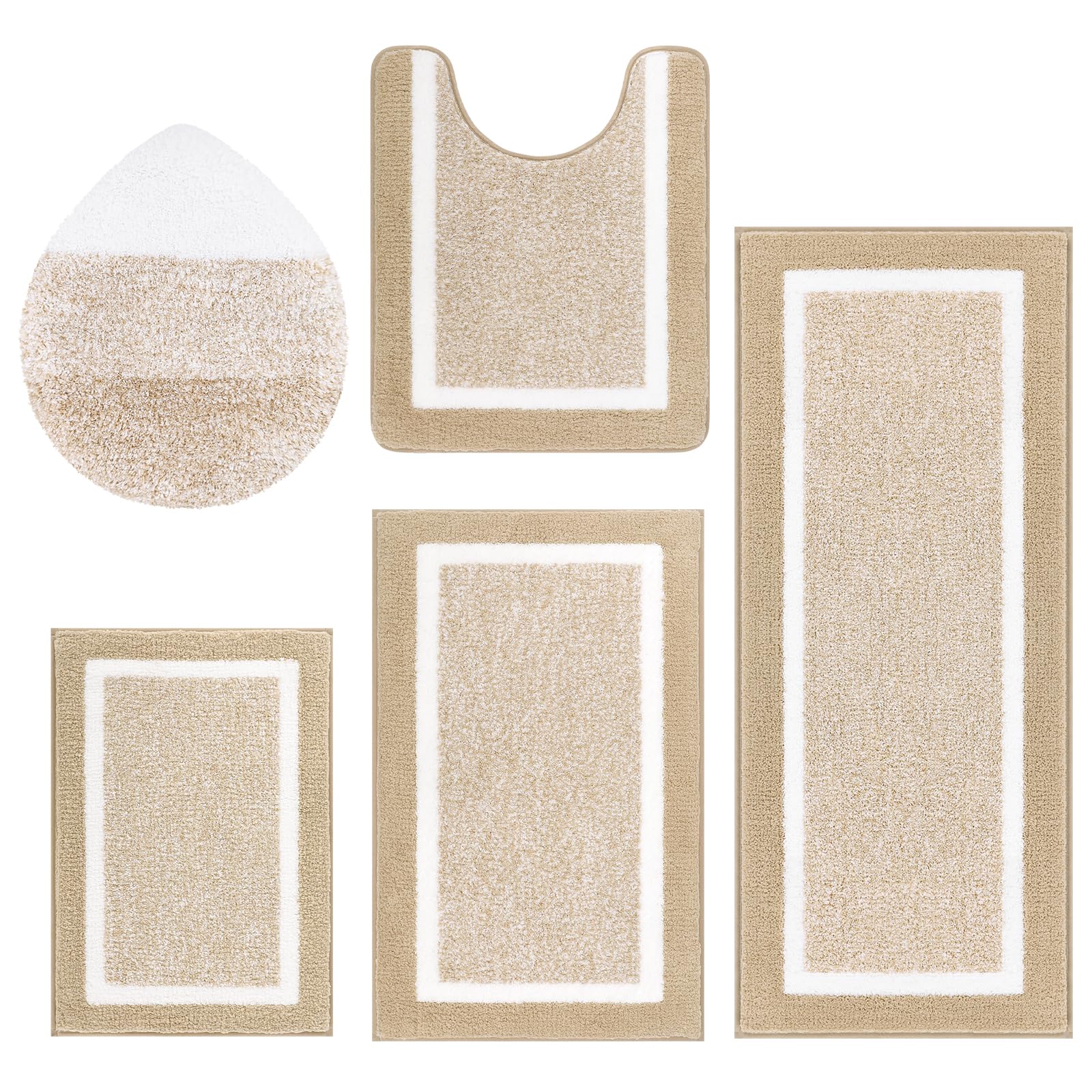 Pauwer Badezimmerteppich-Set, 5-teilig, mit Deckelbezug, Badezimmer-Duschvorleger mit U-förmiger Kontur, WC-Vorleger, saugfähige Mikrofaser, Plüsch, Badematten, rutschfest, maschinenwaschbar,