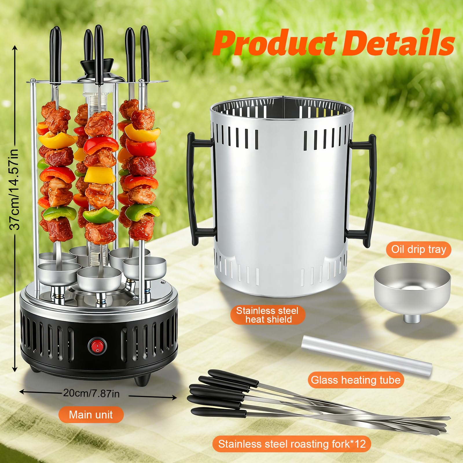 Barbecue de Table Électrique Vertical en Acier Inoxydable, Grill à Brochettes avec 12 Broches et 2 Éléments Chauffants en Verre, 1000W Barbecue Intérieur sans Fumée pour Maison Balcon Jardin