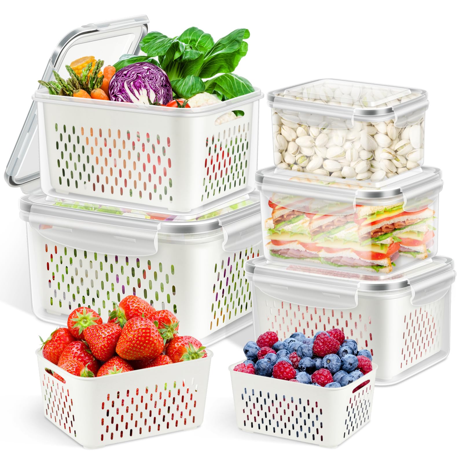 TBMax Fruit Storage Containers for Fridge Organizers and Storage, 10 Pieces Large Produce Saver with Airtight Lid & Colander for Berry Lettuce Salad Vegetable Storage, Refrigerator Organizers