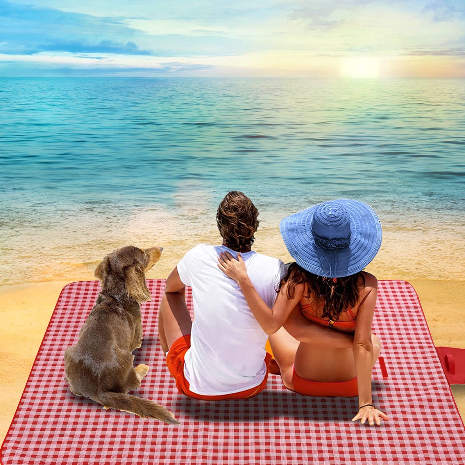 Couverture Camping, Natte de Plage Double, Couverture Pique Niques Impermeable Portable et Pliable, Nappe Picnic pour Les Concerts en Famille, La Plage, Le Parc,Red 2,145x200cm