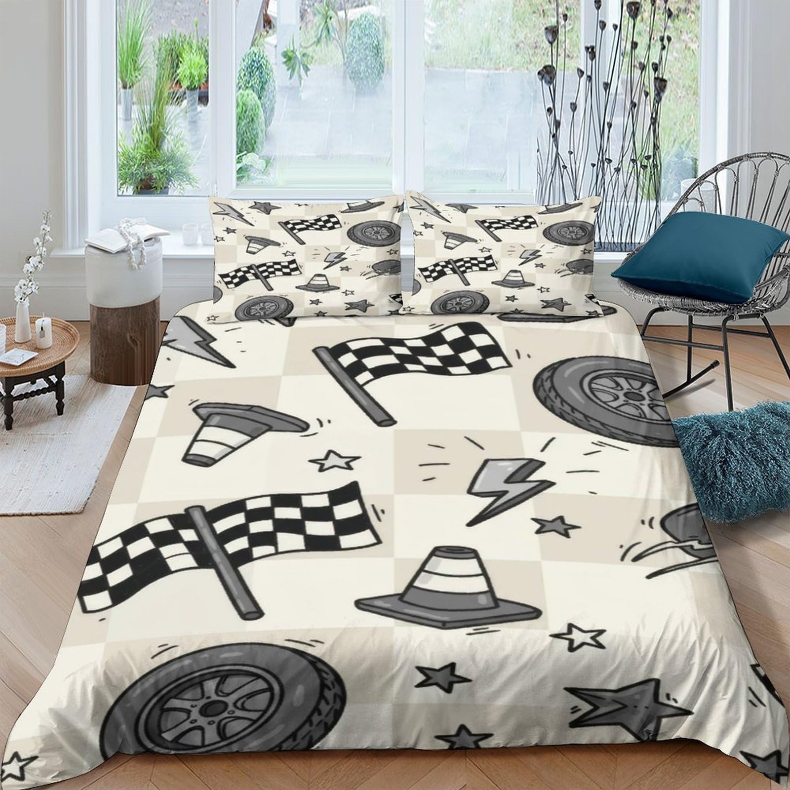 Ctjqhvkz Style-9 3D Printed Racing Flag Fitted Sheet Microfiber Soft Checkered Wheel Bed Cover For Bedroom Dorm Mattress Protection Decor Single（135X200cm）