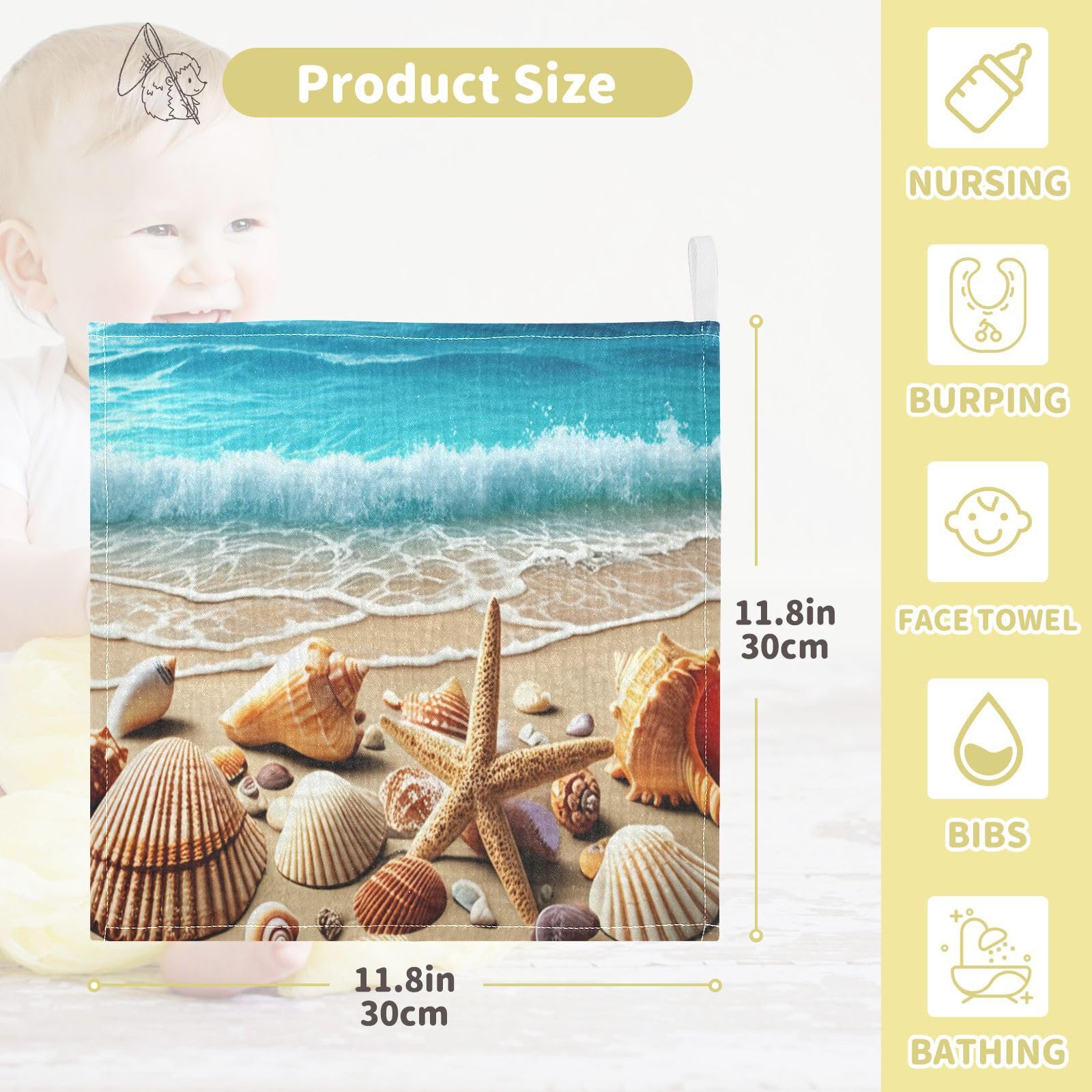 Kigai Beach Starfish and Shells Baby Washcloths,5pcs Ultra Soft Absorbent Towel,Newborn Bath Face Towel, Natural Reusable Baby Wipes for Sensitive Skin, Baby Registry as Shower