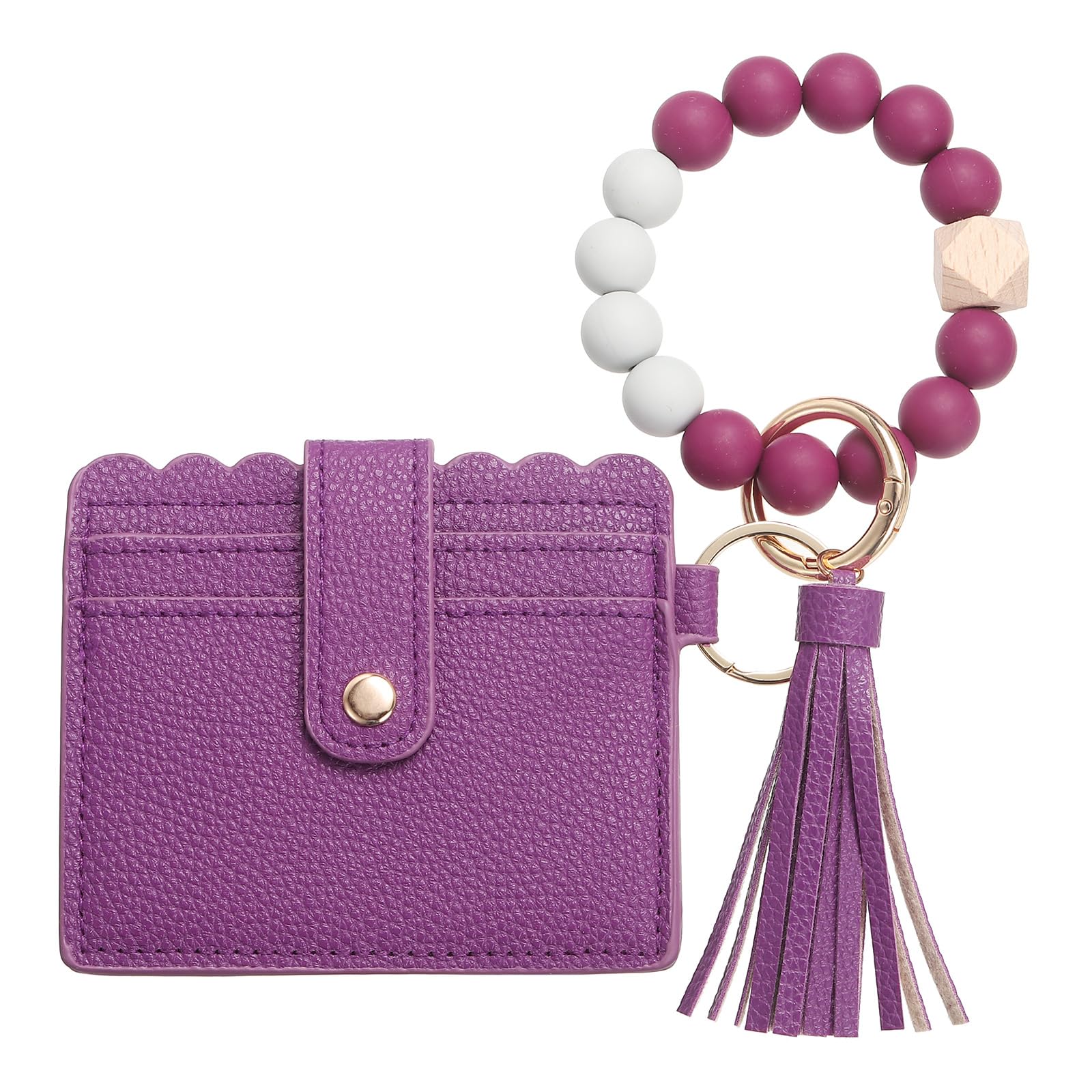 SUIKIHUM Card Holder Wallet with Silicone Beaded Bracelet, Slim PU Leather Wallet for Women, Compact and Lightweight Design for Daily Use, Dark Purple