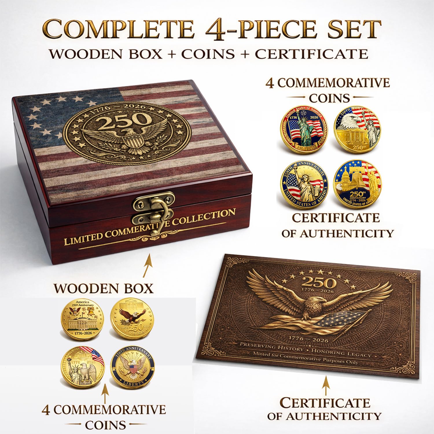 Juego de monedas de 250 aniversario de Estados Unidos (1776-2026) – 4 monedas de desafío patriótico con caja de madera y tarjeta, coleccionable conmemorativo del 250 de Estados Unidos, regalo de