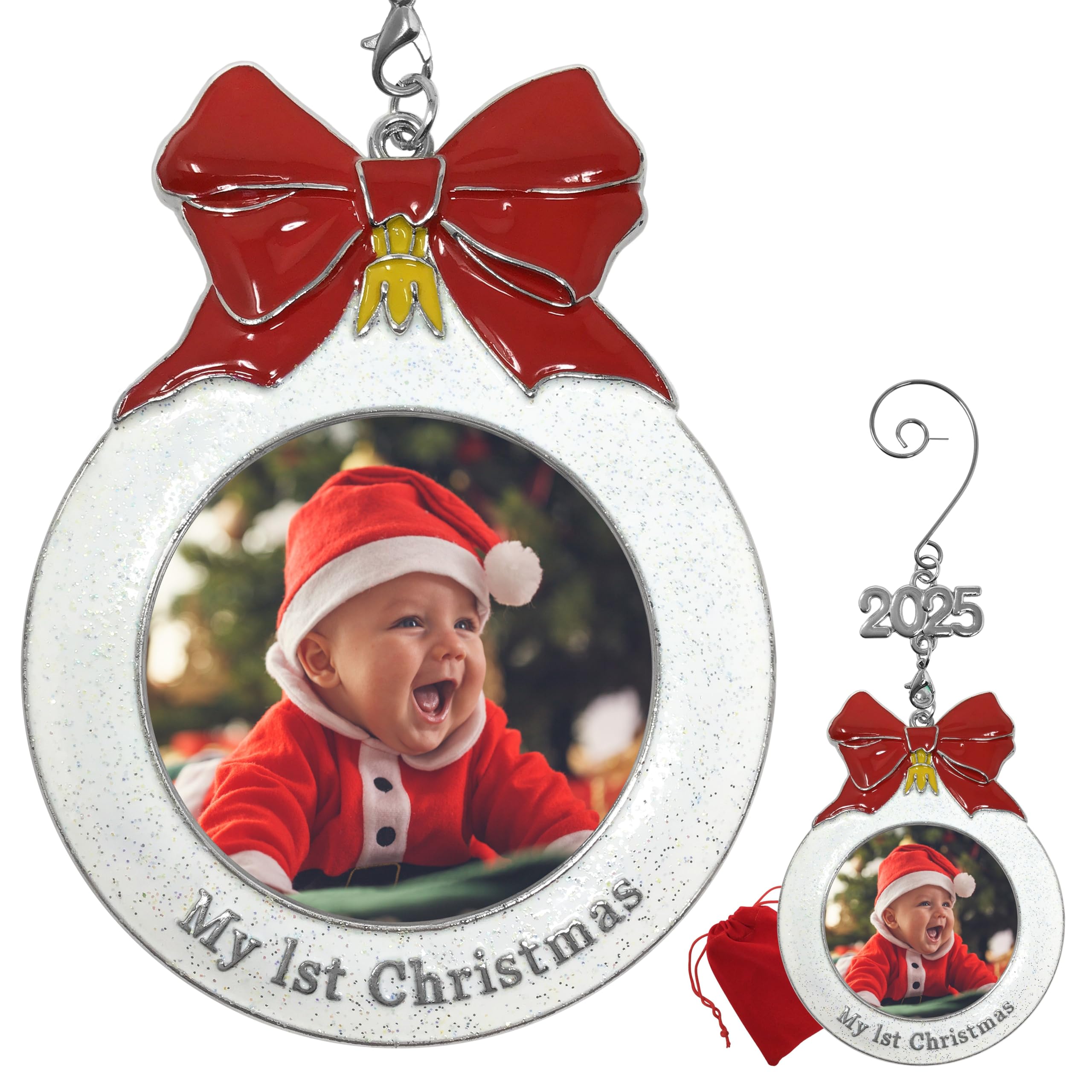 Baby's 1st Christmas Photo Ornament with a 2025 Charm - Shaped Like a Bulb with White Glitter and A Red Bow Design - Gift-Storage Bag Included - 3