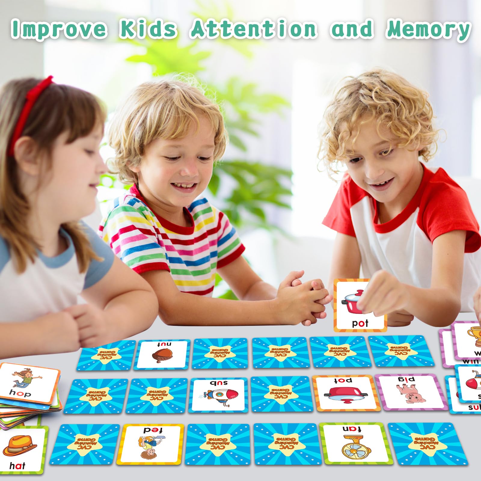 CVC Word Memory Game For Kids - 60 Card Phonics Matching Game For Ages 4-8