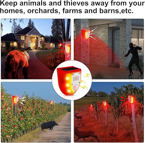 Miniatura 7 de Qualirey Detector de movimiento de alarma solar con sensor de movimiento al aire libre de 129 db, luz estroboscópica para perro, detector de alarma