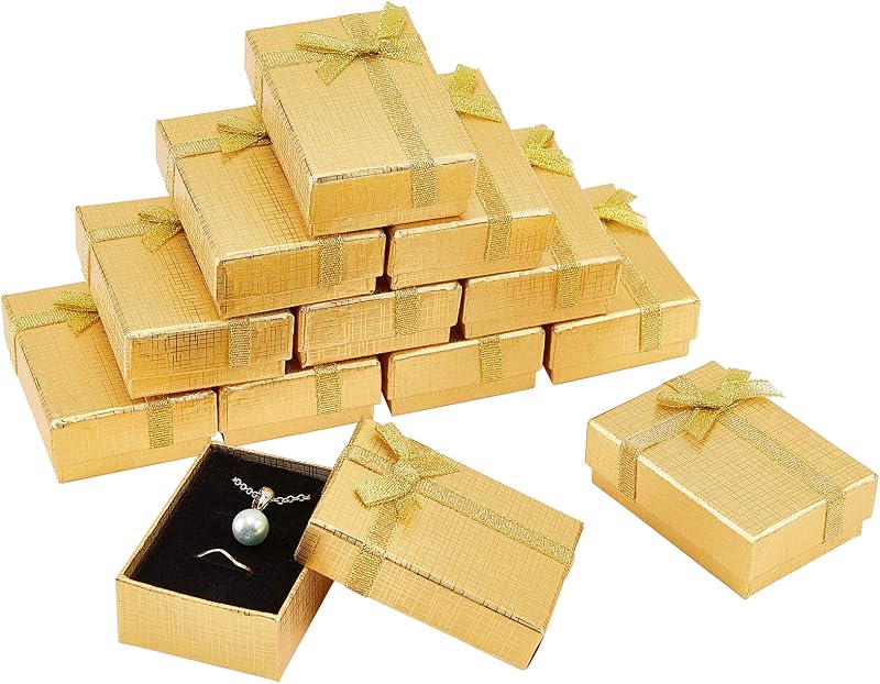 PH PandaHall Juego de cajas de regalo de cartón, 12 piezas 2,7 x 1,9 x 0,9 pulgadas Caja de regalo de joyería dorada Cajas de presentación Caja de regalo vacía con lazo para pendientes, collares, pulseras, caja de embalaje de joyería