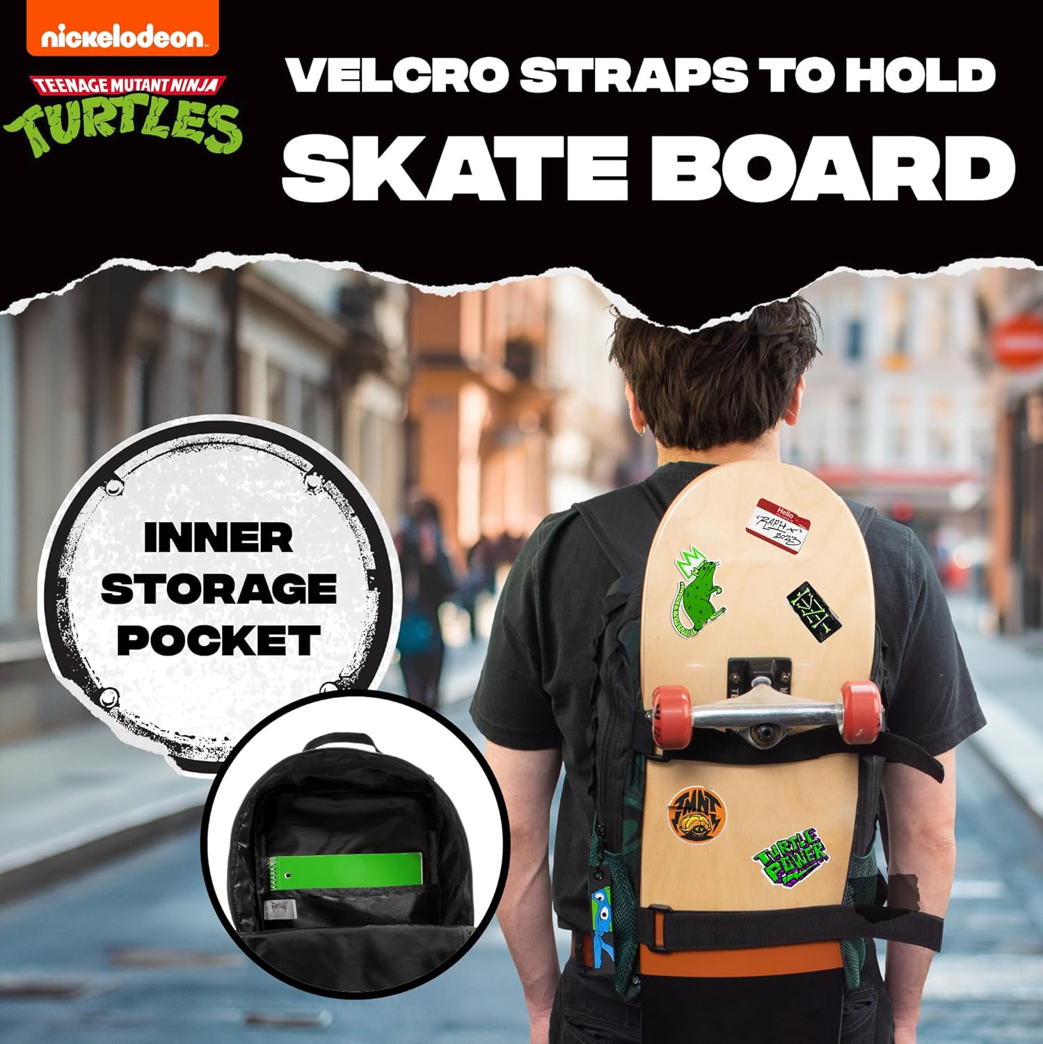 Blue Sky Studios BLUE SKY STUDIOS Teenage Mutant Ninja Turtles Mayhem Skate Board Holding Utility Backpack with Mesh Pockets - One Size 40cm H x 25cm W x 12cm D, Green, One Size