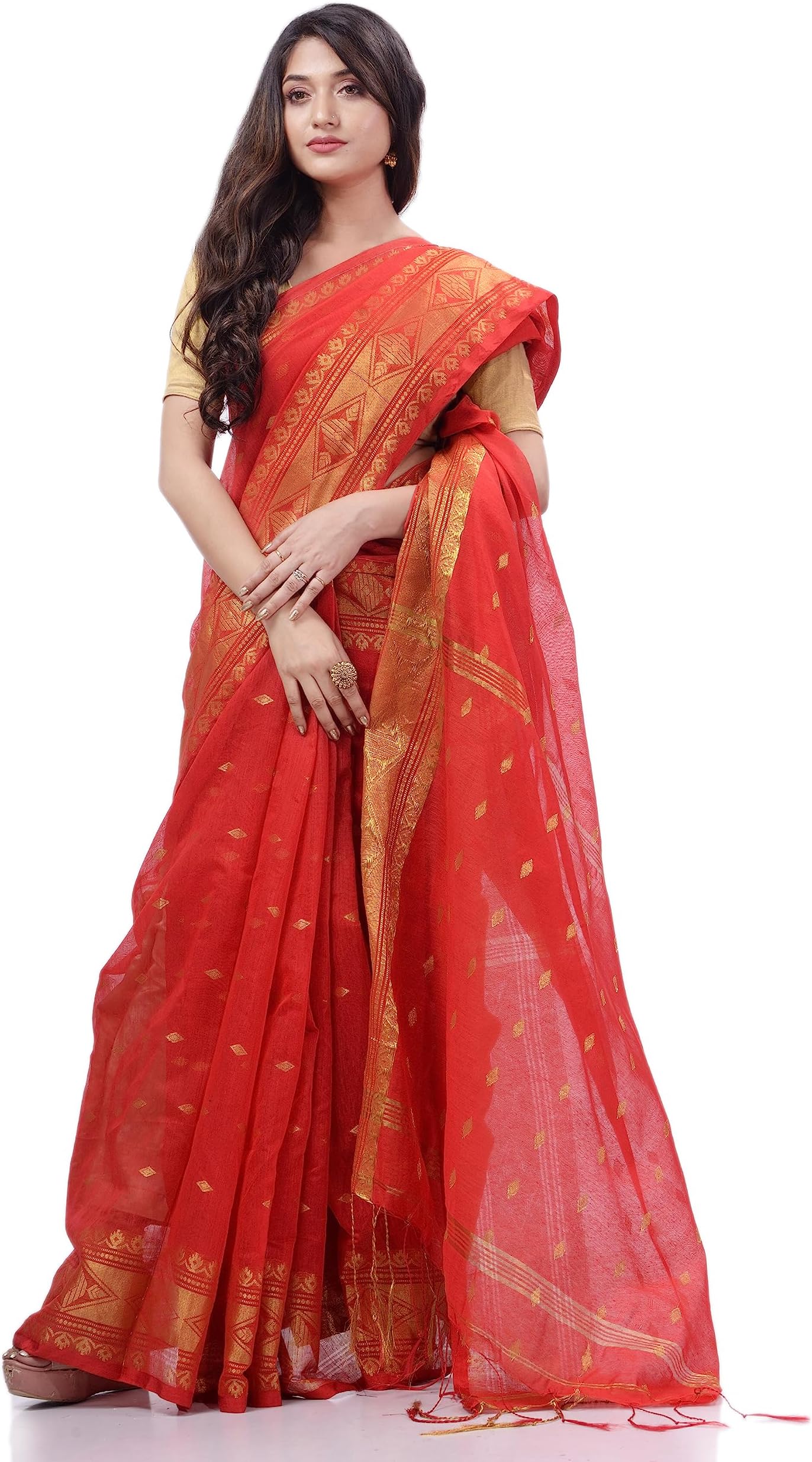 dB DESH BIDESHWomen`s Bengal Cotton Silk Pure Handloom Cotton Saree Kohinoor Work With Blouse Piece Free Size
