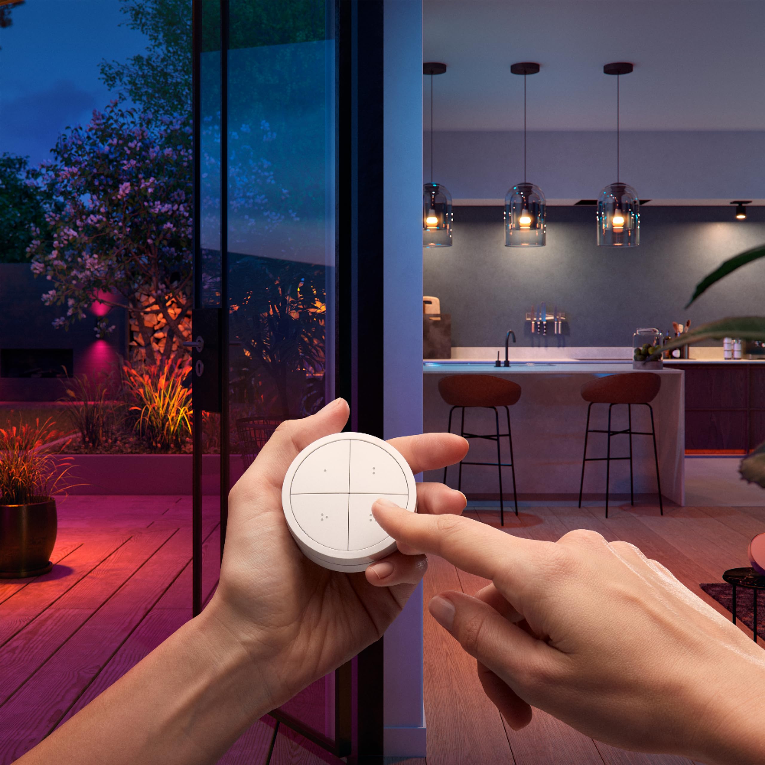 Philips Hue Vorteilspaket - E27 - mit 4 Standard Lampen - Warm bis Kaltweißes Licht - inkl. 1 Hue Dial Schalter (Weiß) - Hue White Ambiance