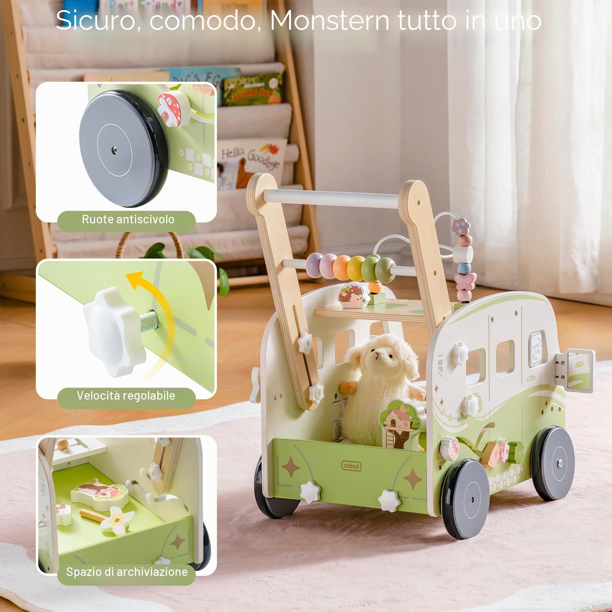 ROBUD Girello in legno, velocità e altezza regolabili per bambini, giocattolo educativo, regalo per ragazzi e ragazze a partire dai 10 mesi, 1-2 anni, verde