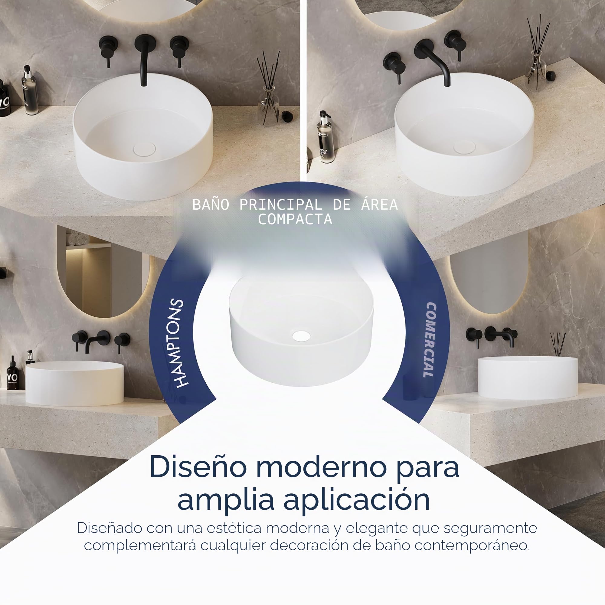 Fregadero redondo de cerámica de Eridanus, lavabo de porcelana vítrea en blanco brillante para uso en encimera, lavabo redondo para tocadores, 415 x 415 x 150 mm