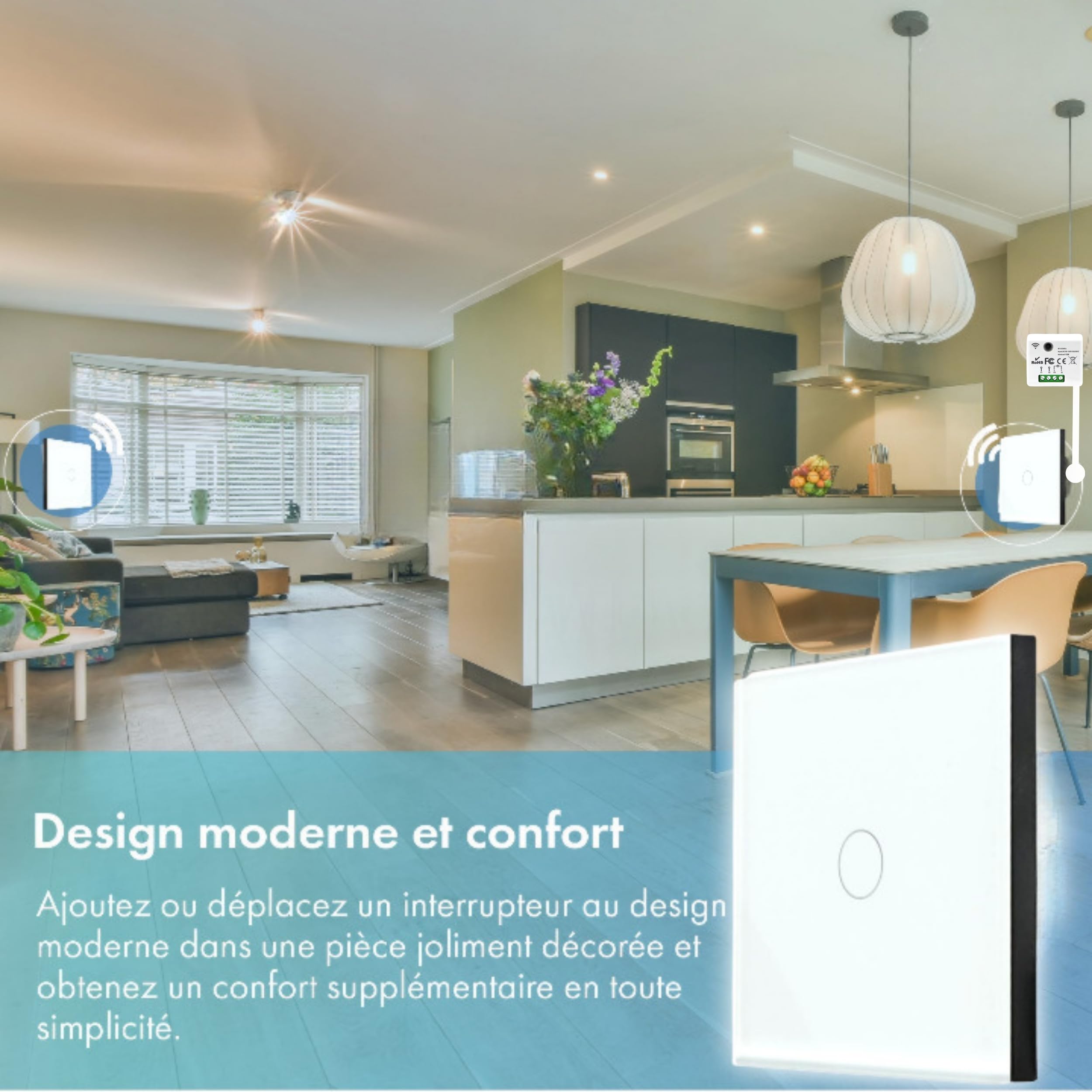 KIT Interrupteur sans fil - Bouton tactile va et vient prêt à poser – 2 Télécommande murale + 1 interrupteur relais récepteur radio encastrable sans neutre - Compatible Led
