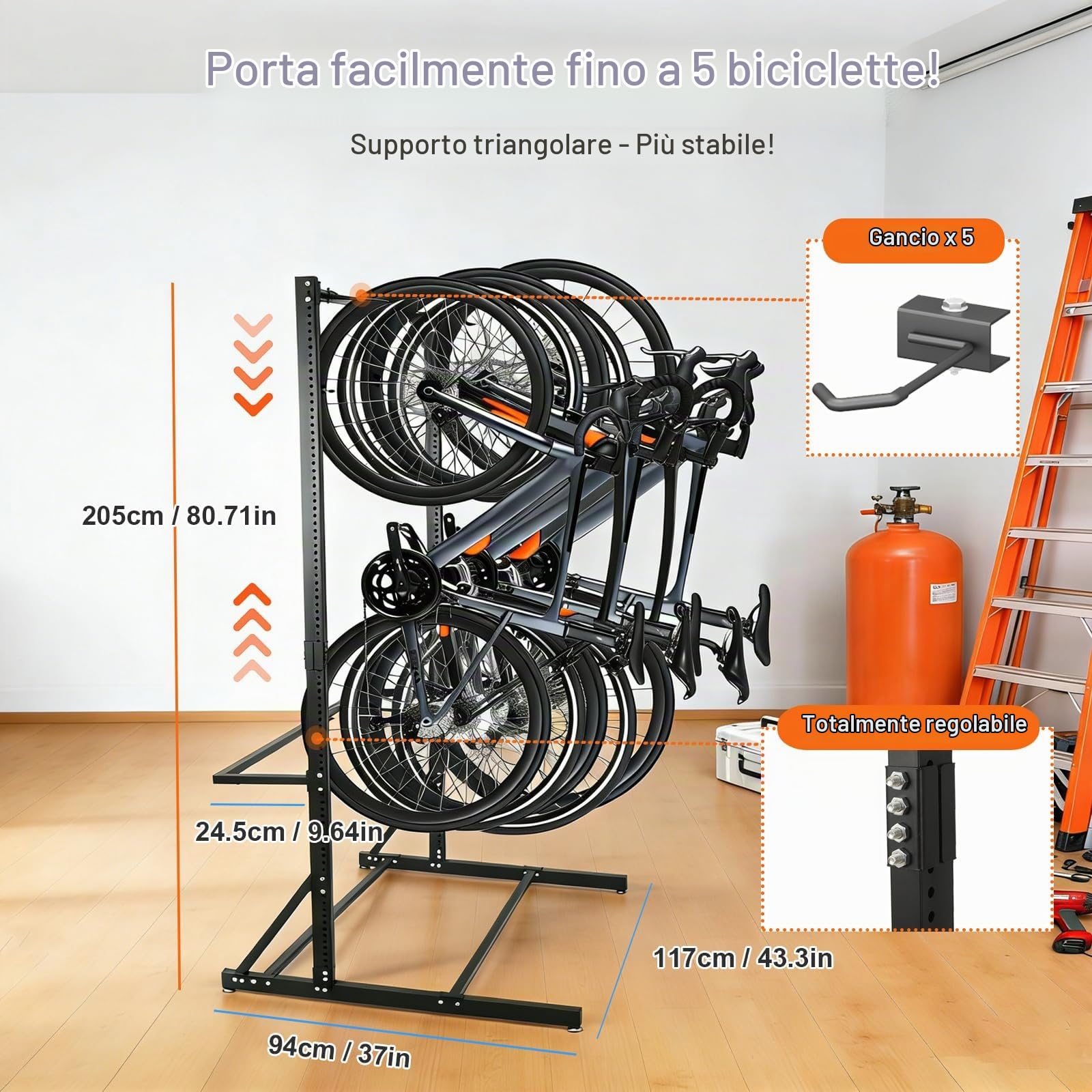 Portabici per 5 Biciclette, Capacità di Carico max 136 kg,Portabici da Terra Universale in Acciaio al Carbonio Verniciato a Polvere, Supporto Bici da Terra per Garage e Casa a Parete