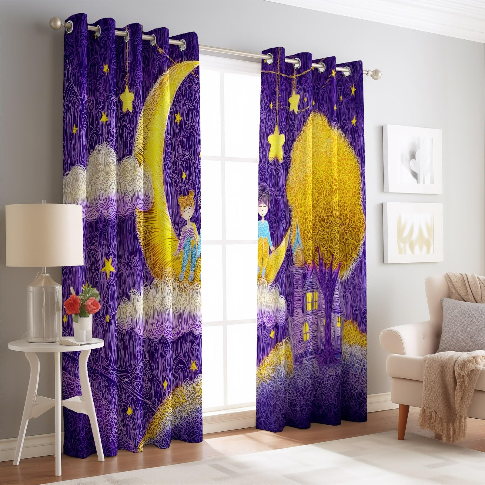 Nieprzezroczyste zasłony 70 l x 240 H cm (2 panele) miękkie i estetyczne, księżycowy design z postaciami z kreskówek, izolowane wiszące zapobiegające nagrzewaniu do dekoracji domu i salonu