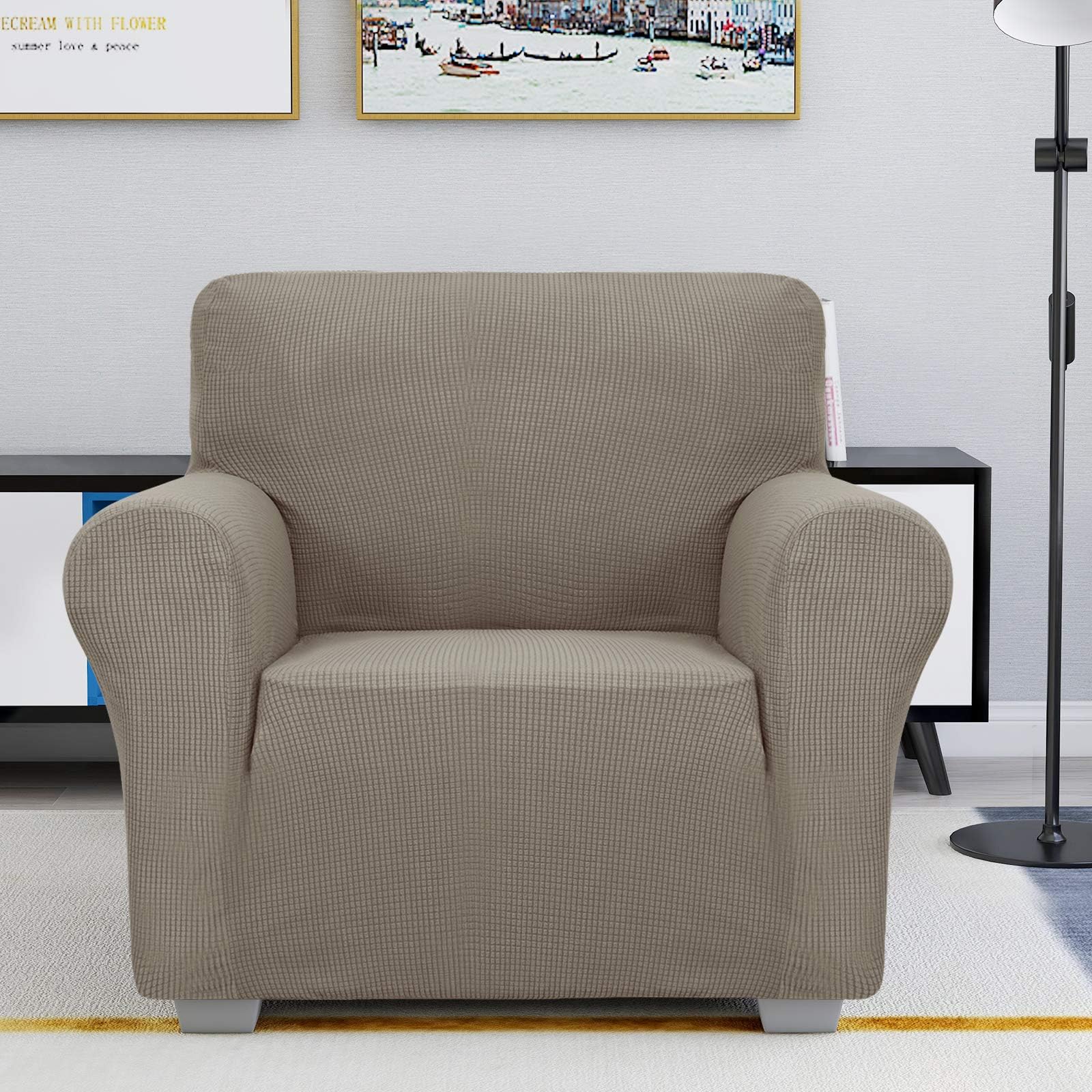 JIVINER Super Stretch Chair Slipcovers with Arms 1-Piece Jacquard Small Checks Living Room Armchair Covers Soft Anti Slip Sofa Couch Furniture Protector for Kids Pets (Chair, Khaki)