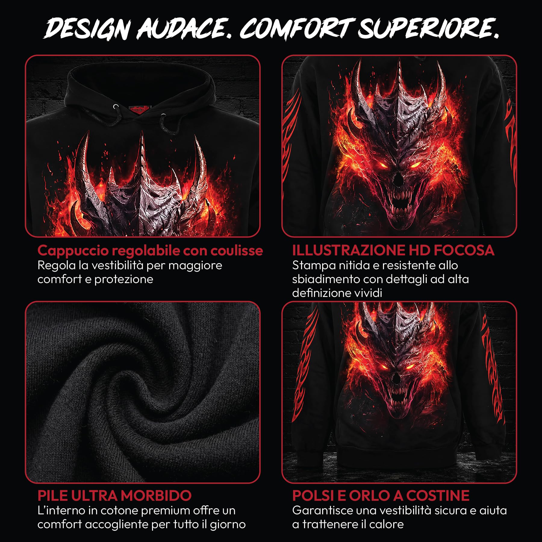 Spiral Riff Burner - Hoodie Uomo Felpa con Cappuccio Nero 100% Cotone Regular