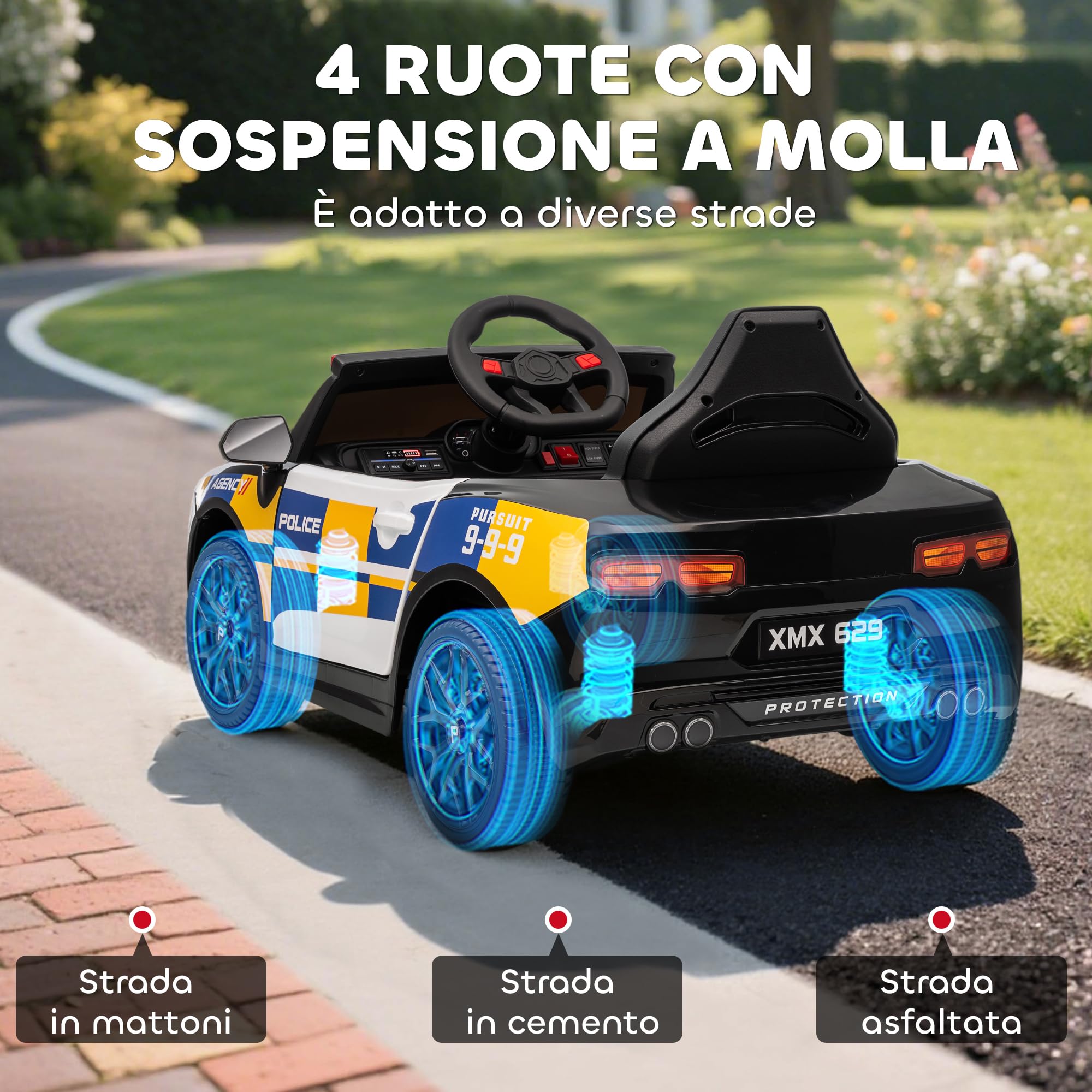 AIYAPLAY Macchina Elettrica della Polizia per Bambini 3-5 Anni 12V | Sirena e Luci, 3-7 km/h, Auto Elettrica per Bambini, 2 Motori, Sospensioni, Telecomando, USB, MP3, Musica e Clacson