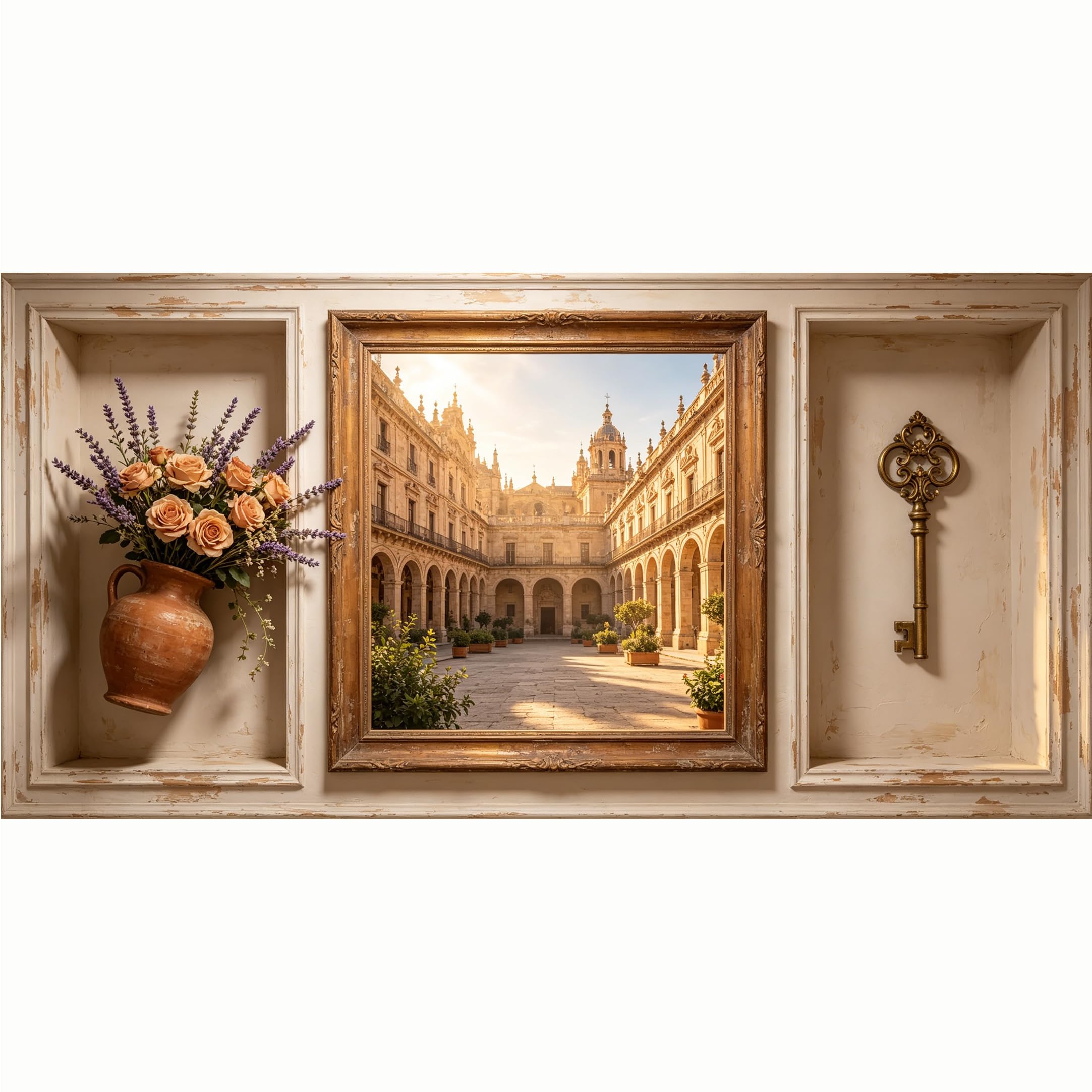 QZLITHOTIC 50x100cm 3D Framed Wall Art， European Classic Architecture Courtyard Floral Key Decor SelfAdhesive Mural， WaterActivated Peel & Stick Fabric Decor Wall Decal for Bedroom Living Room