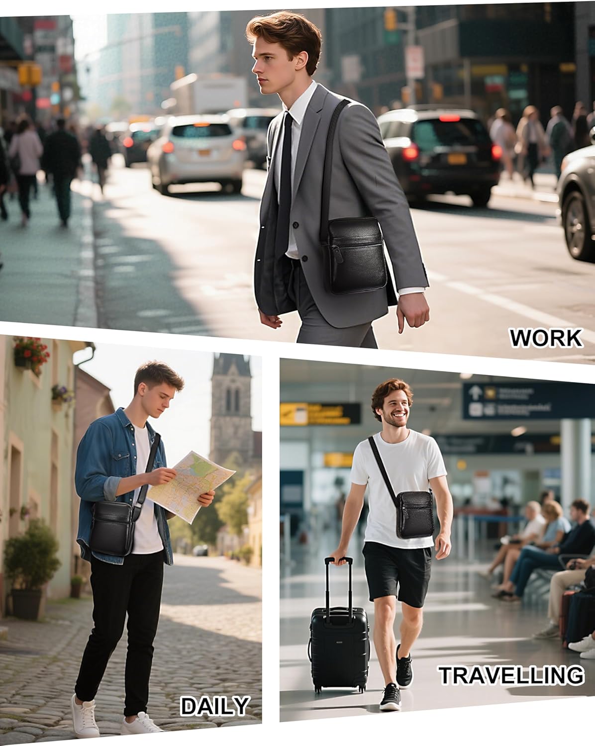 Leathario Men's Crossbody Shoulder Bag, Genuine Leather Small Messenger Satchel for Work Business Travel, Black Side Purse - Image 8