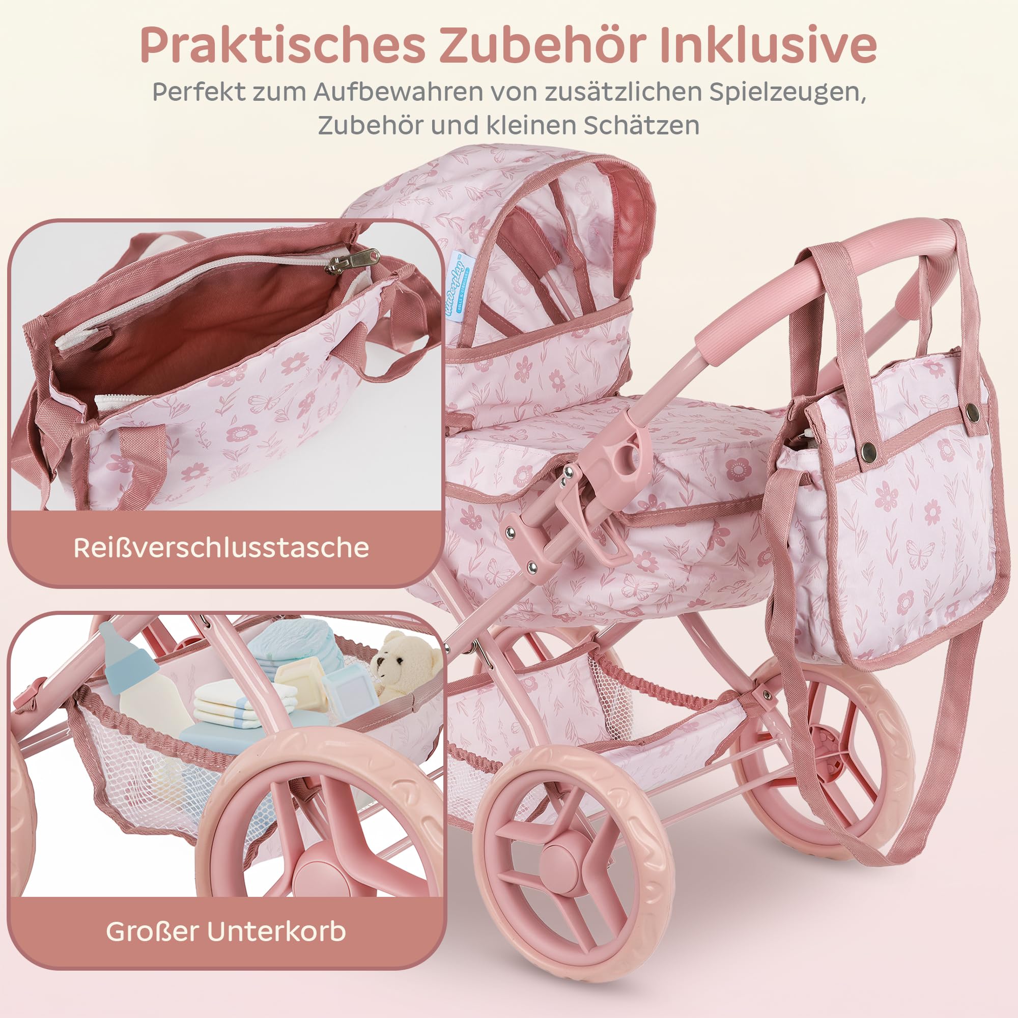 Kinderplay Puppenwagen für Mädchen ab 3 Jahren, tiefer Puppen Kinderwagen mit Babywanne, faltbar mit Schaumstoffrädern, verstellbares Dach, Puppenwagen mit Tasche und Unterkorb