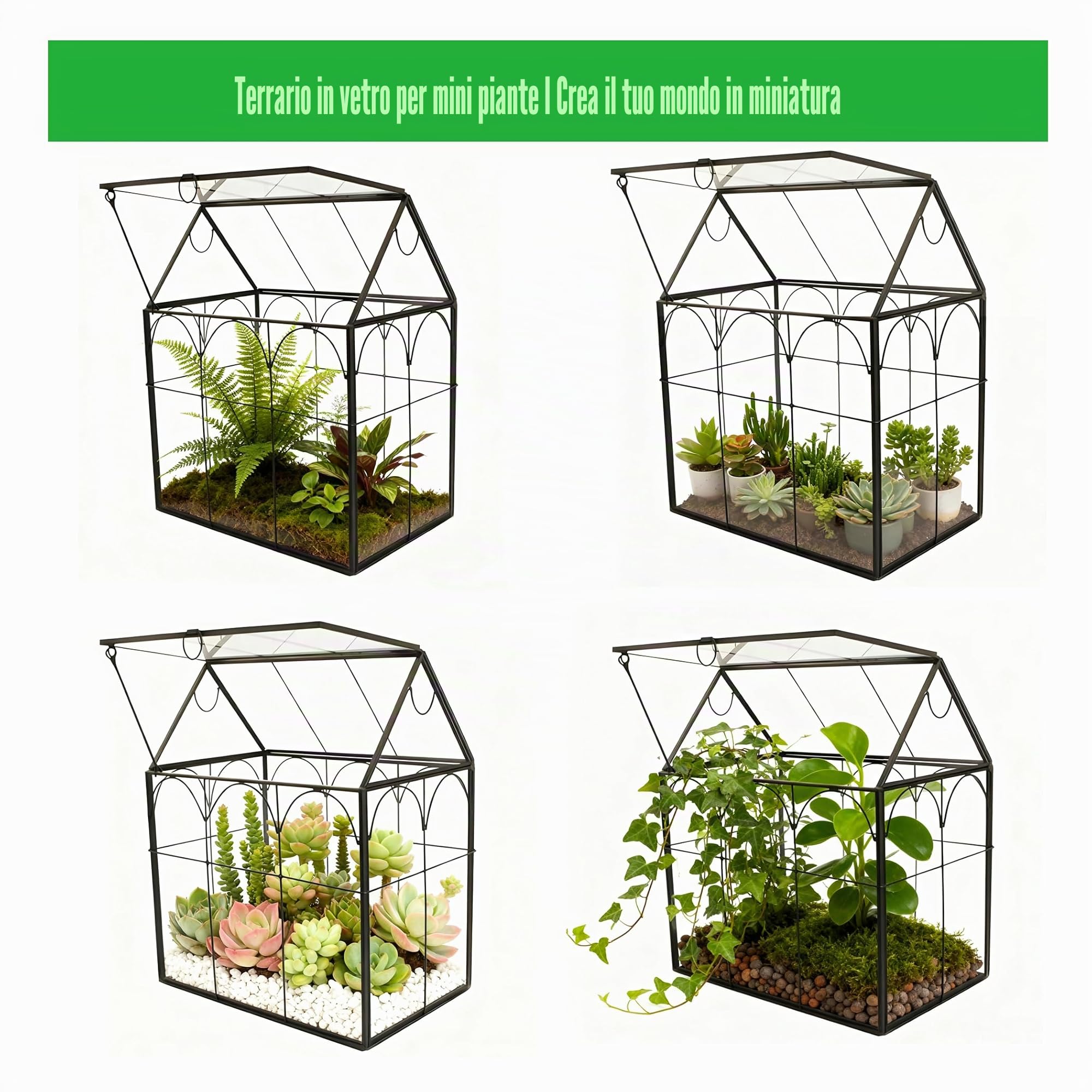ElegantLife Terrario a forma di casa, fatto a mano, con coperchio basculante, per felci, muschio, cactus, piante aeree