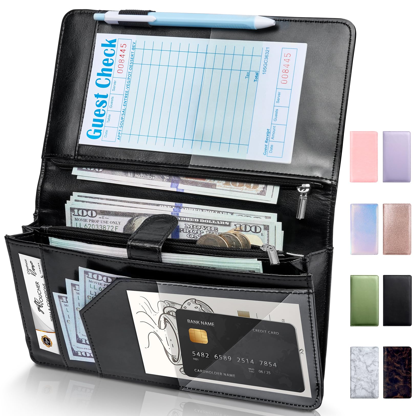 ForvencerHigh Volume Server Book, Expandable Server Books for Waitress, Waitress Book, Sturdy Leather Waitress Book with 2 Zipper Pockets and Magnetic Pocket, Booklet