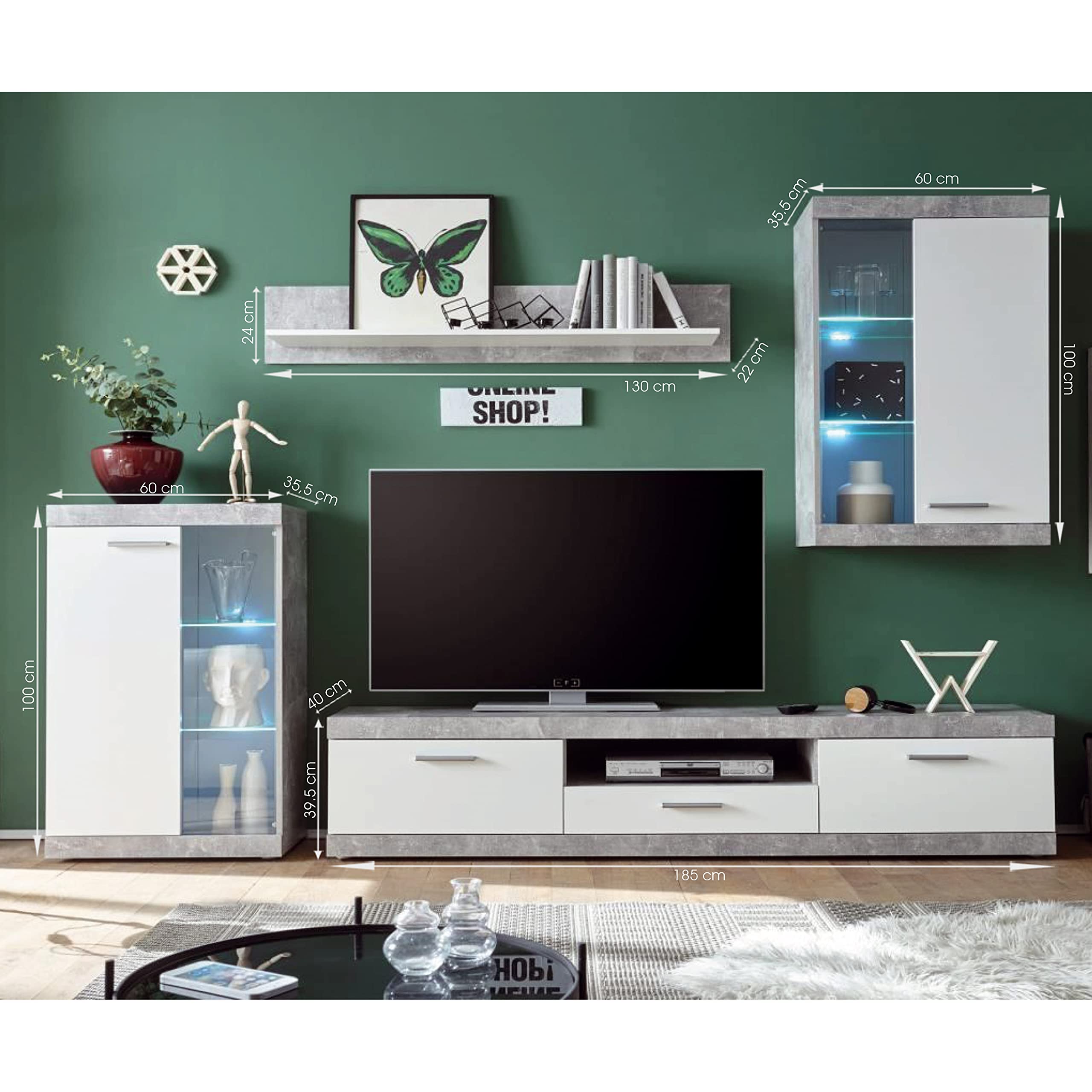 Homely - Mueble de Salón Modular EsCanar 245 cm | Conjunto 4 Muebles | Completo | Mueble para Televisión + Mueble Bajo + Mueble Alto + Estantería Alta | Color Gris Cemento y Blanco