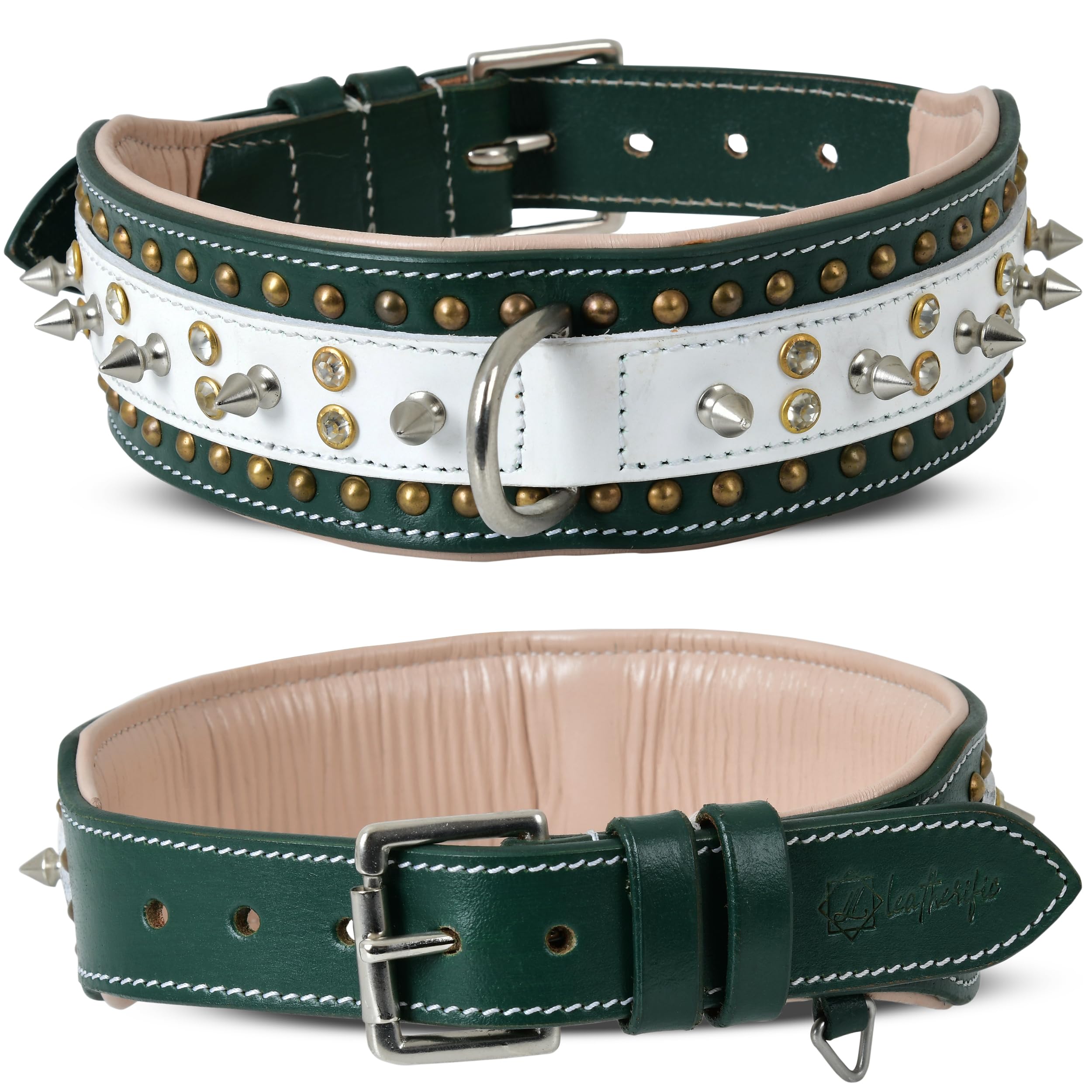 Leatherify - Collar de cuero genuino para perro, de alta calidad, resistente, acolchado, fuerte, con picos atornillados, razas medianas, grandes, extragrandes, 2 pulgadas de ancho (color verde bosque