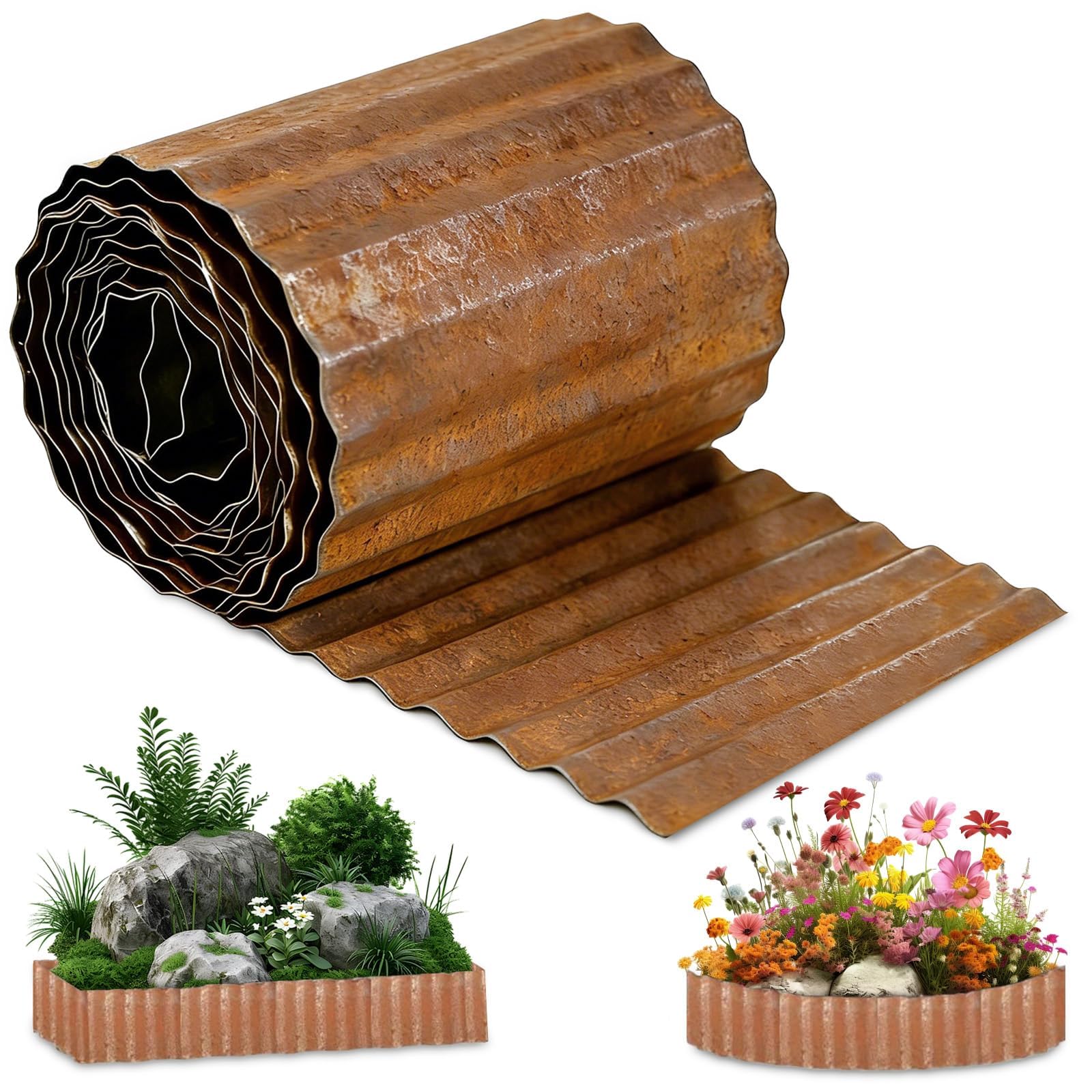 sturiz Metal Lawn Edging 6 Inch X 26 FT/8M Corrugated Metal Brick Garden Edging Border Garden Trim Flexible Long Strips DIY Landscape for Vegetables Raised Bed Flower Tree Surrounds Pathway (Rusty)