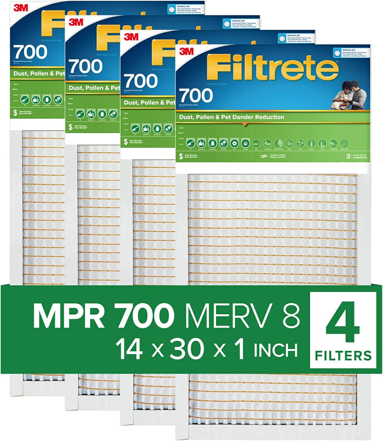Filtrete 14x30x1 Air Filter, MPR 700, MERV 8, Clean Living Dust, Pollen and Pet Dander Reduction 3-Month Pleated 1-Inch Air Filters, 4 Filters 14x30x1 White