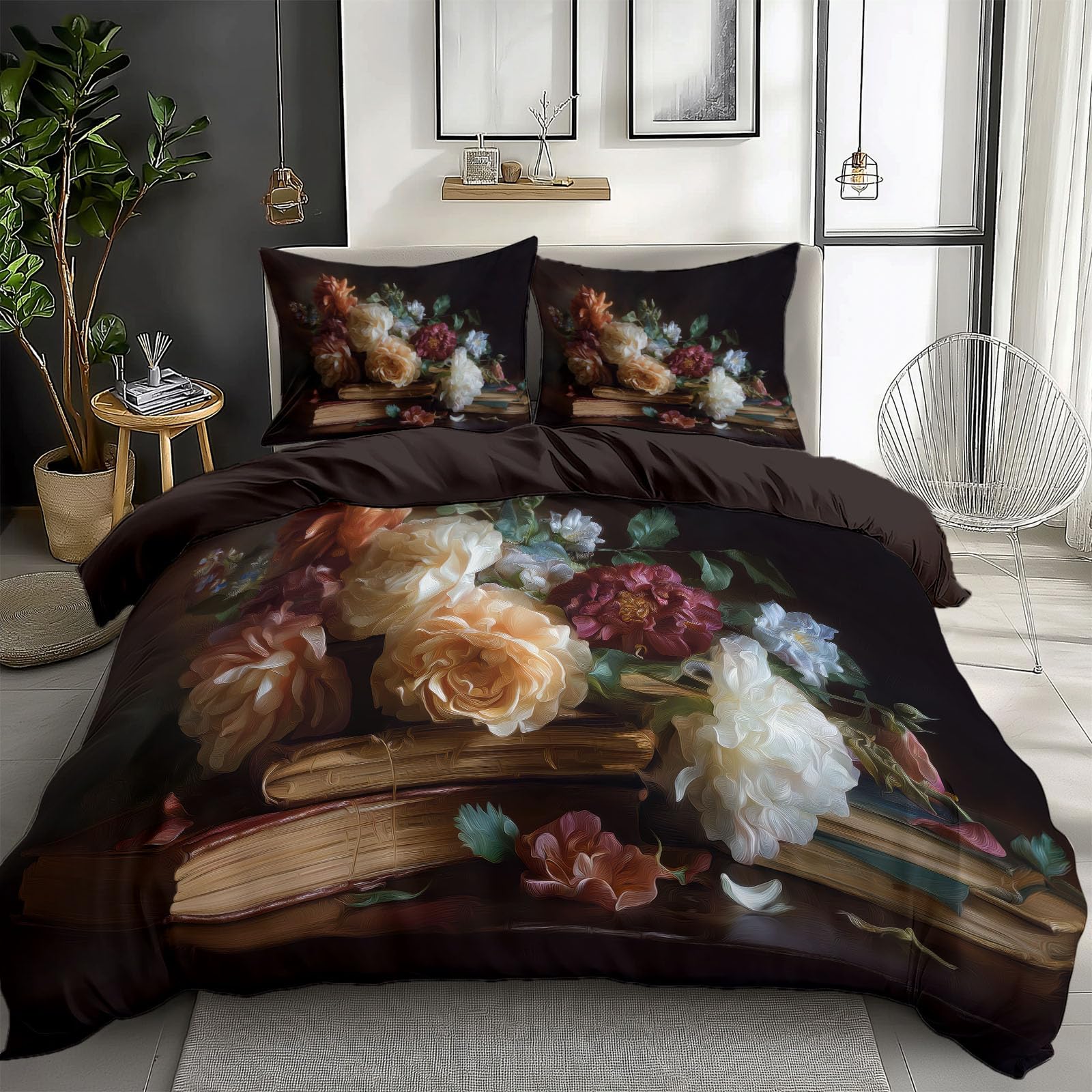 Juego de ropa de cama de 155 x 220 cm, pintura al óleo con diseño de flores muertas, libros, funda nórdica con estampado 3D de 3 piezas con cremallera y 2 fundas de almohada de 80 x 80 cm, modernos