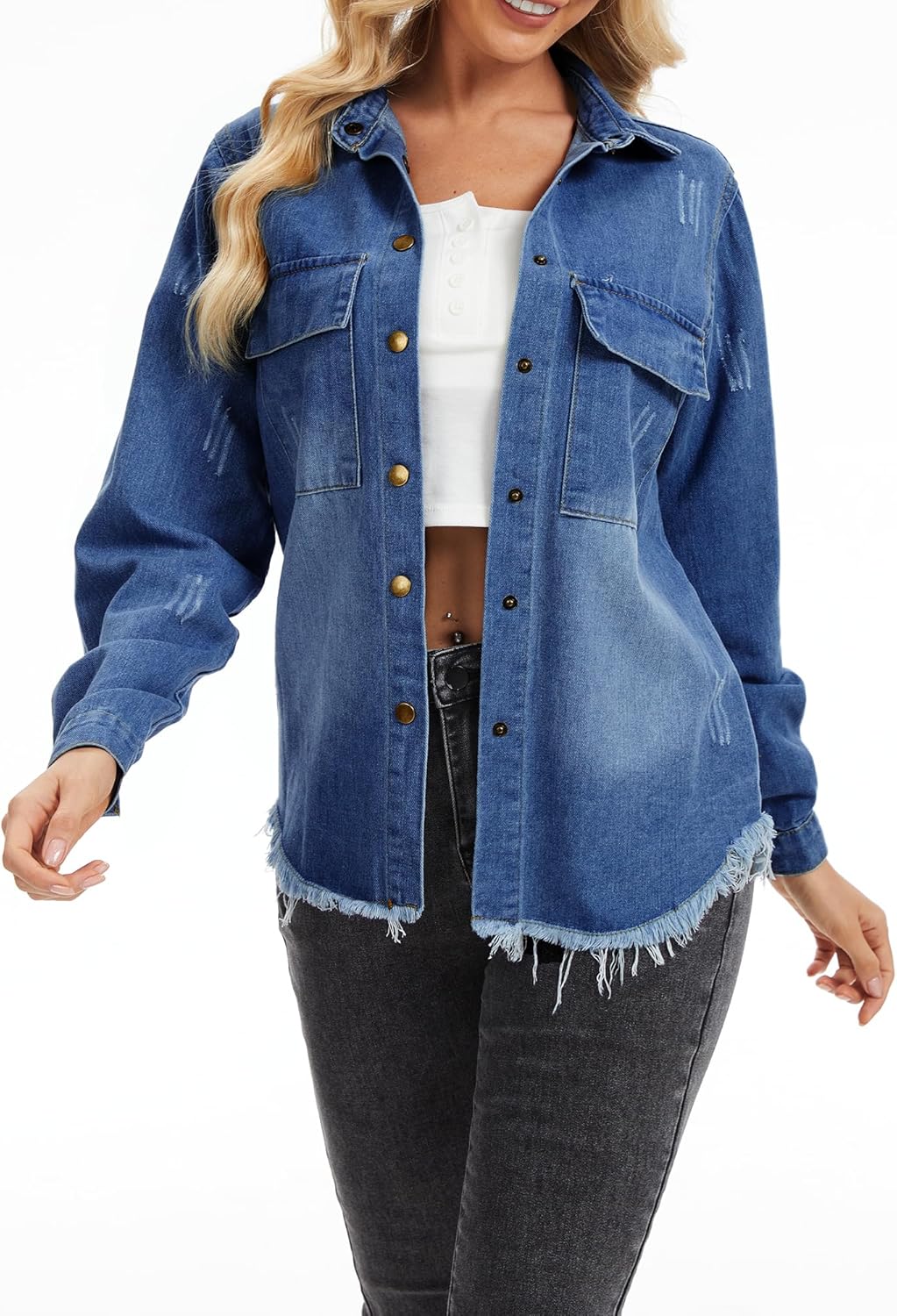 Women's Frayed Hem Denim Jean Jacket Long Sleeve Pockets Shirt Jacket Shacket Outfits - Image 2