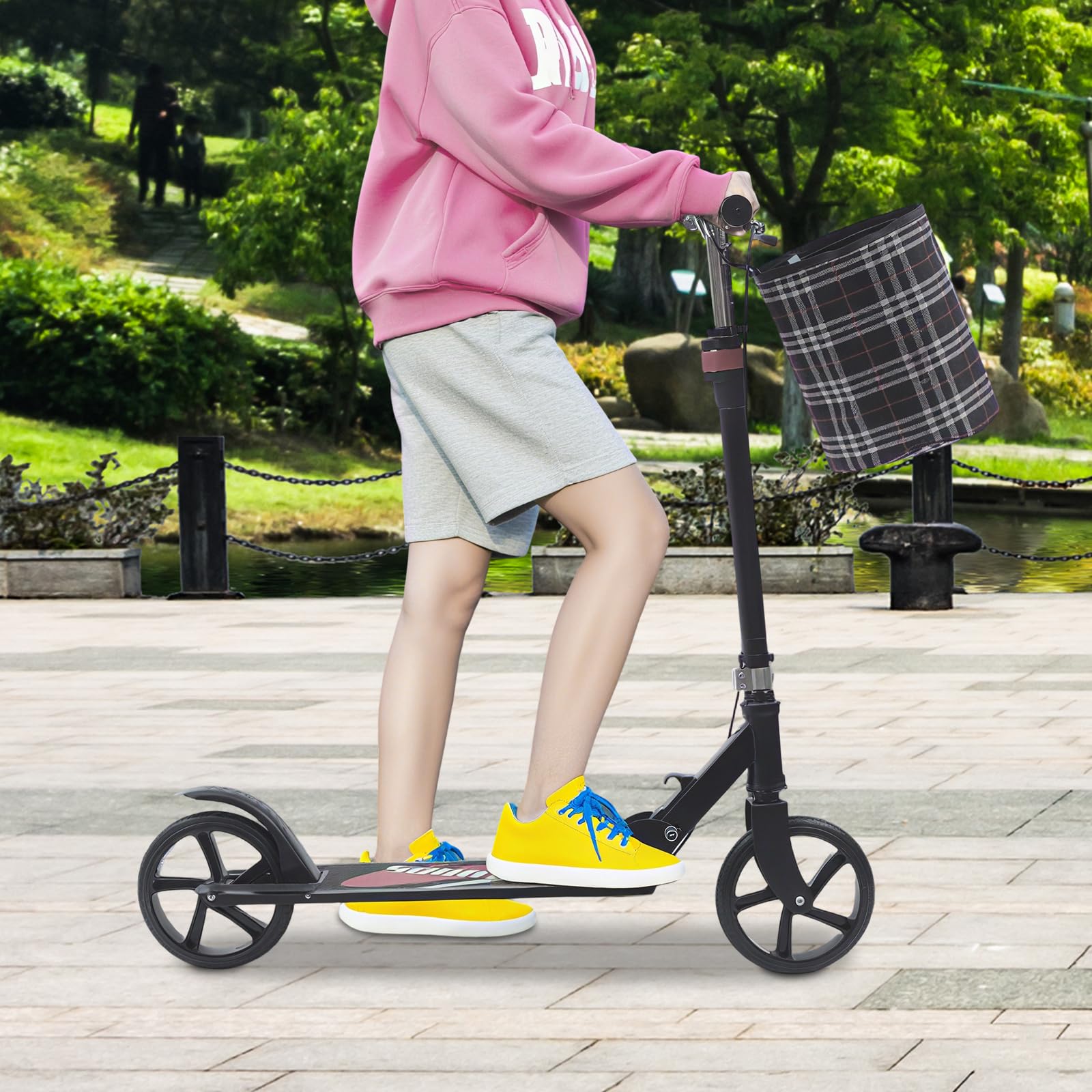 Patinete plegable para adultos y niños con freno de mano, pedal mate y bolsa de almacenamiento, altura ajustable de acero al carbono con capacidad de carga de 150 kg