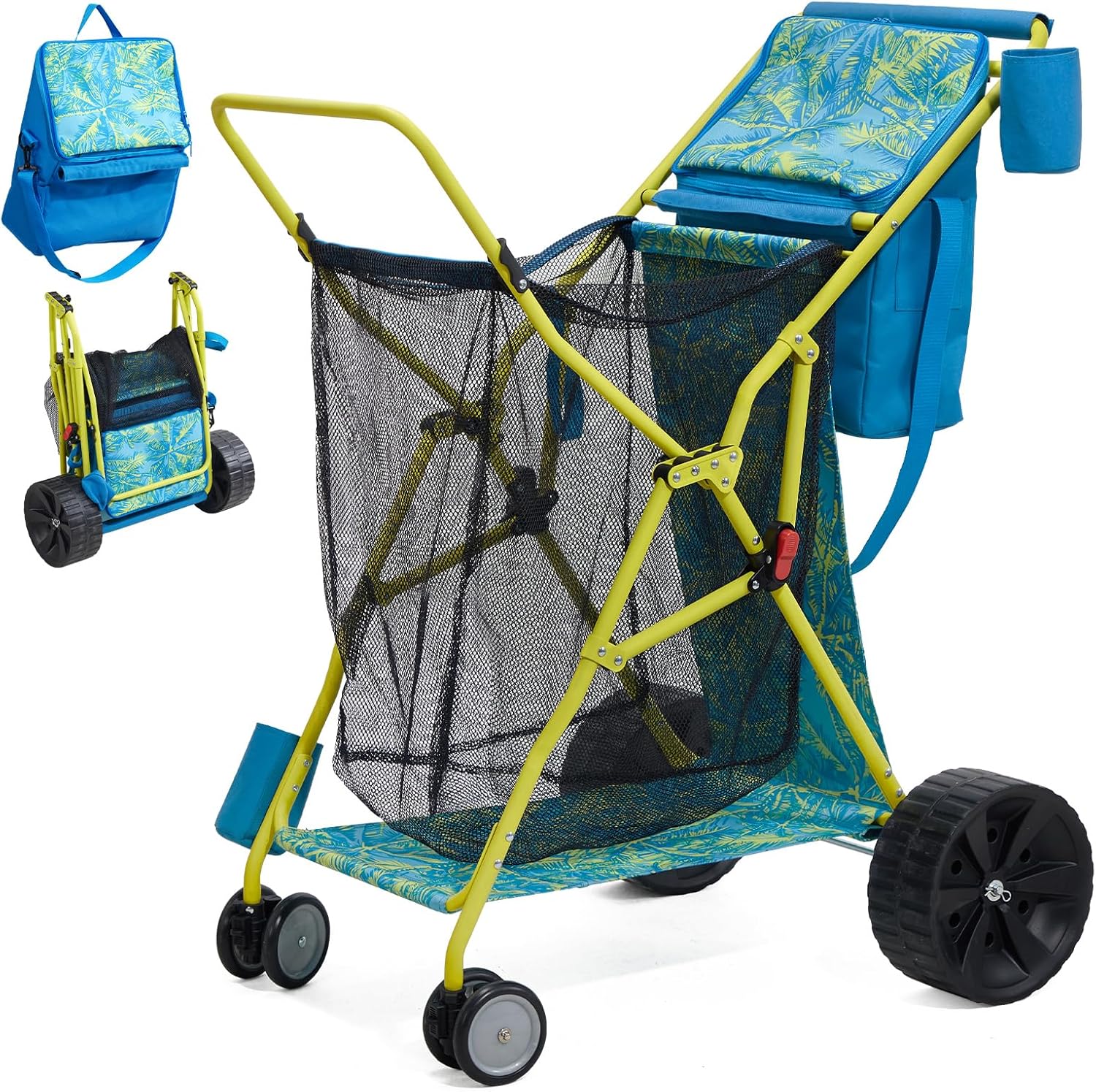Beach Cart with Big Wheels for Sand, Collapsible All-Terrain Beach Wagon with Cooler Bag & Umbrella Holder, Large Mesh Storage, Supports 100lbs for Camping, Outdoor, Shopping, Palm Print