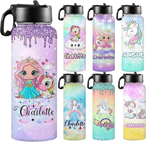 Miniatura 1 de Botellas de agua personalizadas de acero inoxidable con tapa de pajilla, botella de agua de color degradado personalizada con taza de nombre para