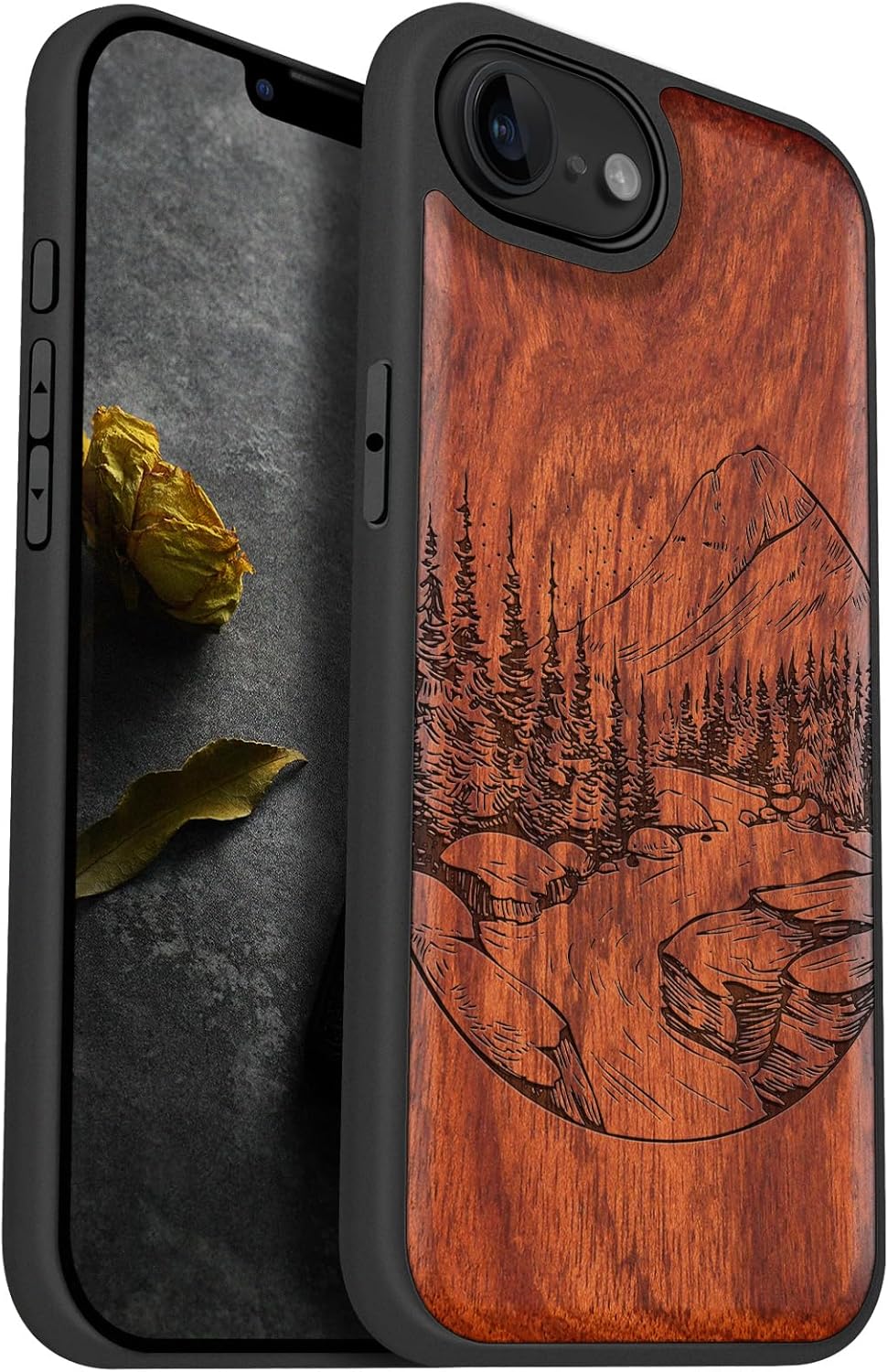 Carveit Magnetic Wooden Case for iPhone 16e / 17e, Solid Wood & TPU, Artisan Engraved Design, Shockproof Cover, Compatible with MagSafe Wireless Chargers, Eternal Tree - Blackwood