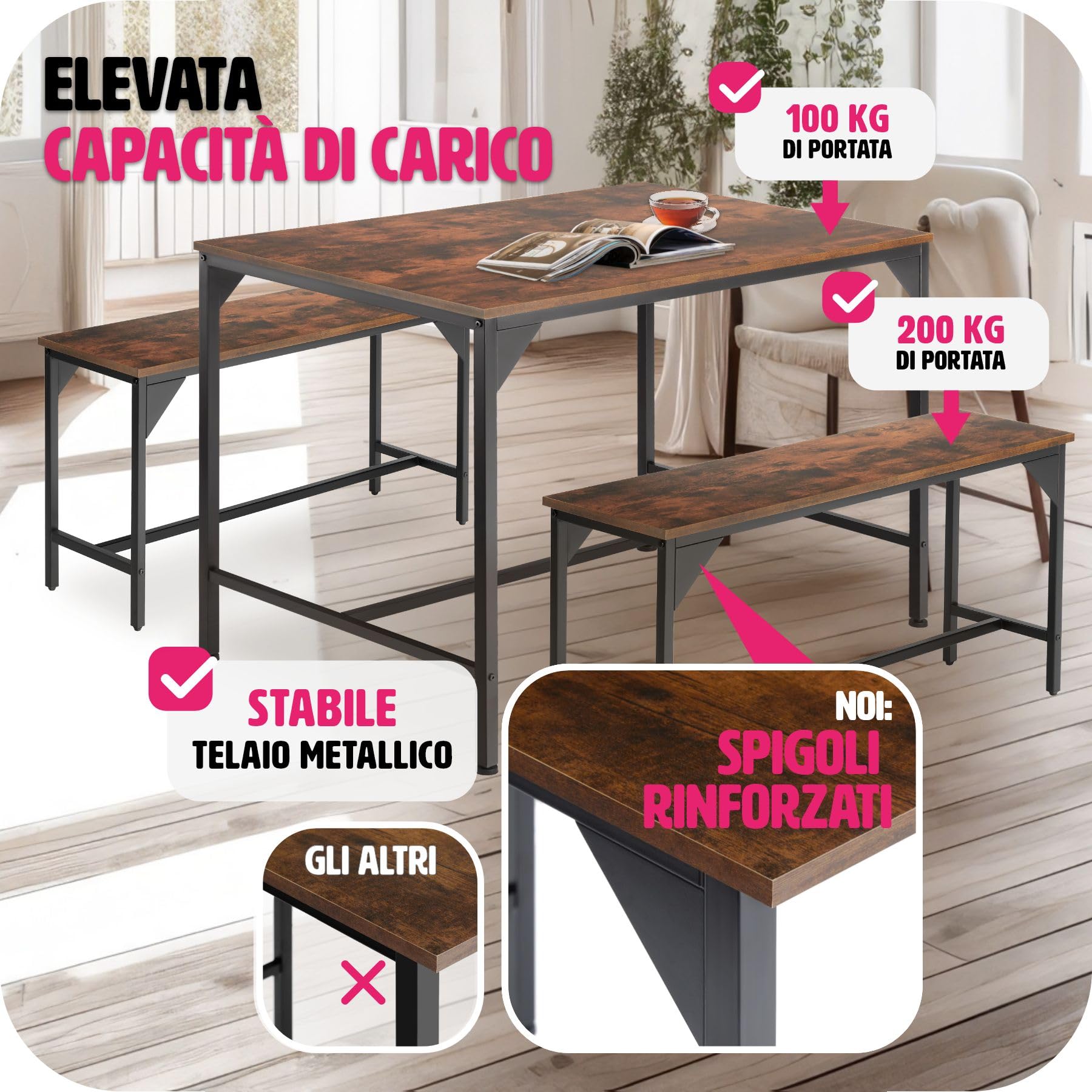 tectake® Salottino Bolton, Set da Pranzo Industriale, 1 Tavolo 2 Panche, Facile da Pulire, Regolabile, Robusto Telaio in Acciaio, Effetto Legno, Salotto - Legno industriale scuro, rustico