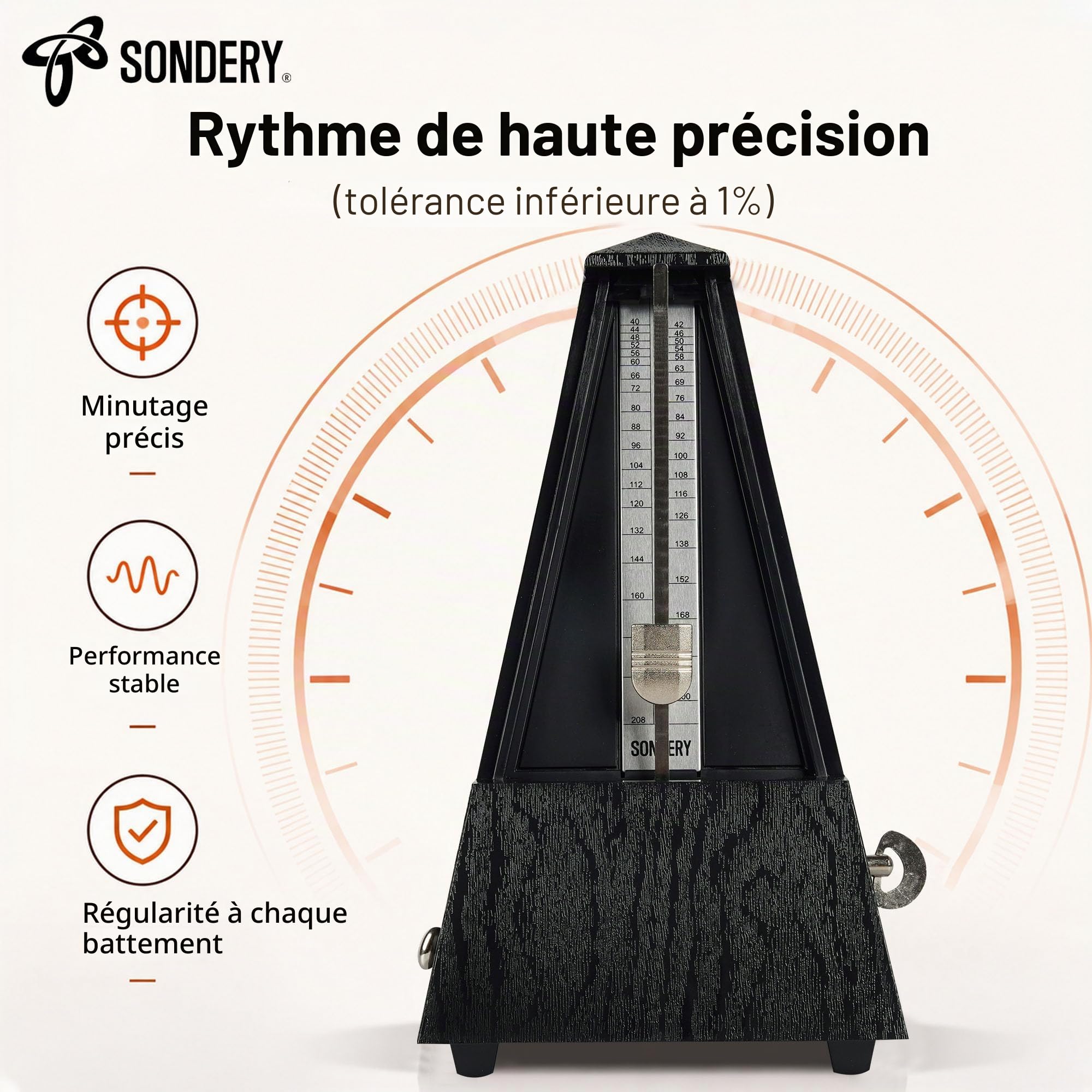 Sondery Accordeur Mécanique Classique avec Cloche pour Piano, Guitare, Batterie, Violon, Saxophone, Tous les Instruments, Gamme de Tempo 40-208bpm, Battements 02346, Boîtier en Bois Grain ABS Noir