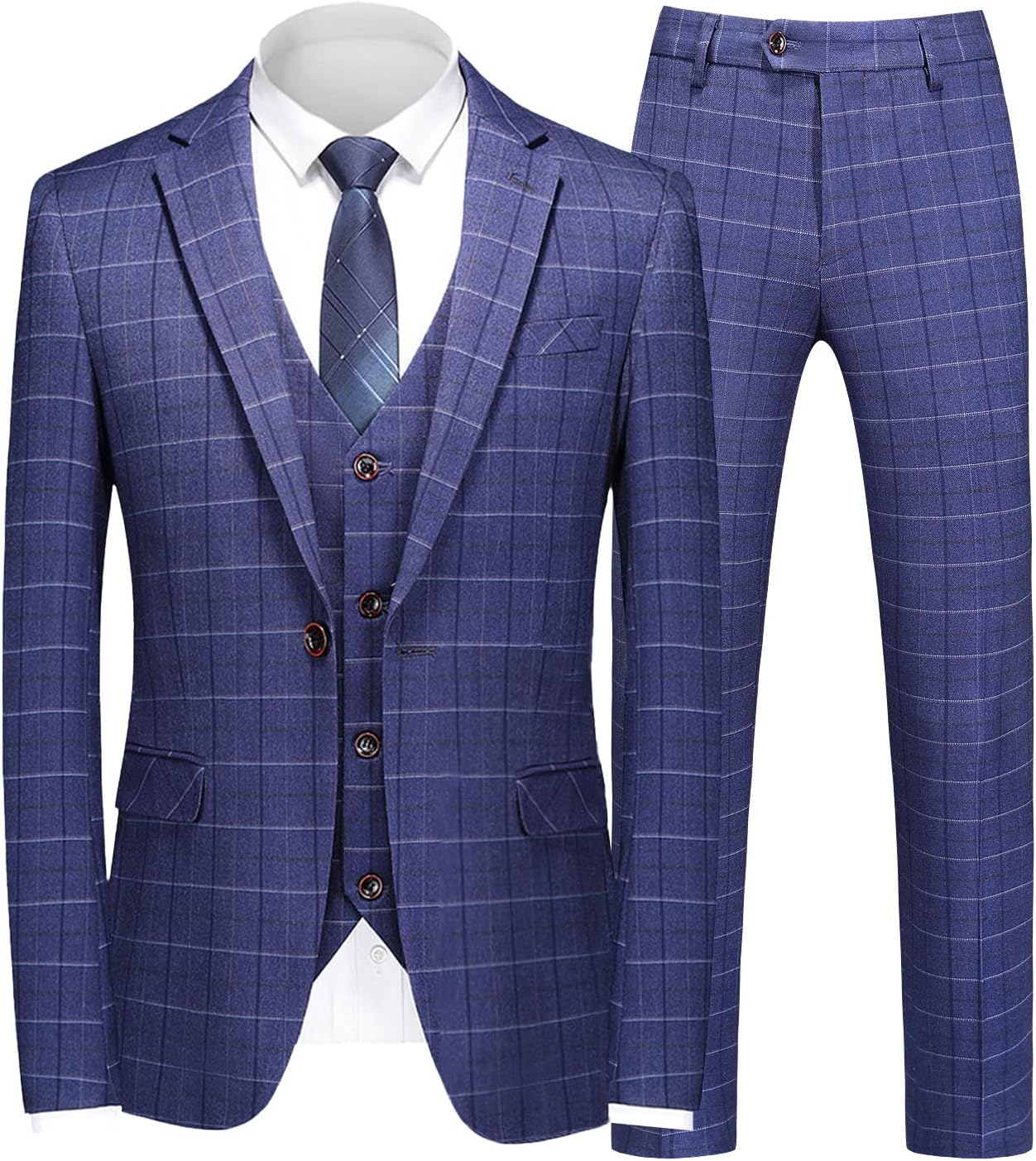 UNINUKOO Mens Suit Slim Fit 3 Piece Plaid Checked Tuxedo Formal Business Wedding Suits for Men - Image 8