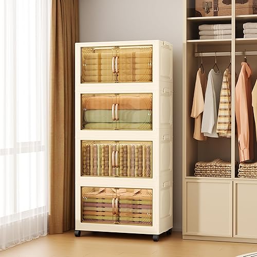 Miniatura 1 de Contenedores de almacenamiento de plástico de 4 niveles con tapas, caja de almacenamiento plegable con puertas y ruedas, contenedores de